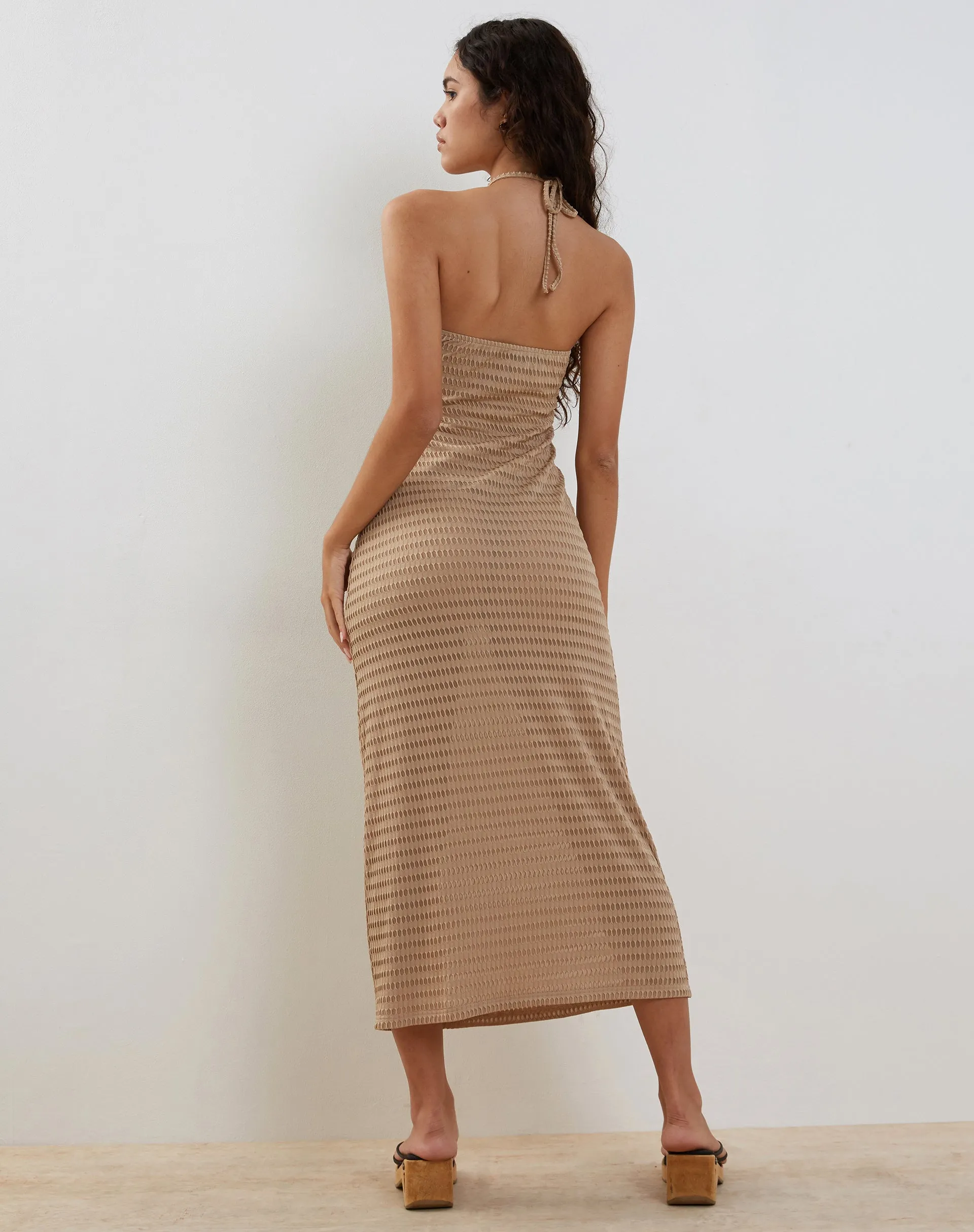 Emersyn Waffle Knit Halterneck Midi Dress in Oat