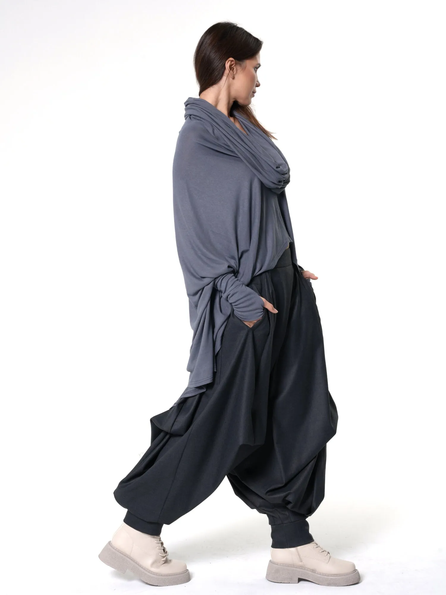 Extravagant Tunic With Scarf Collar In Gray