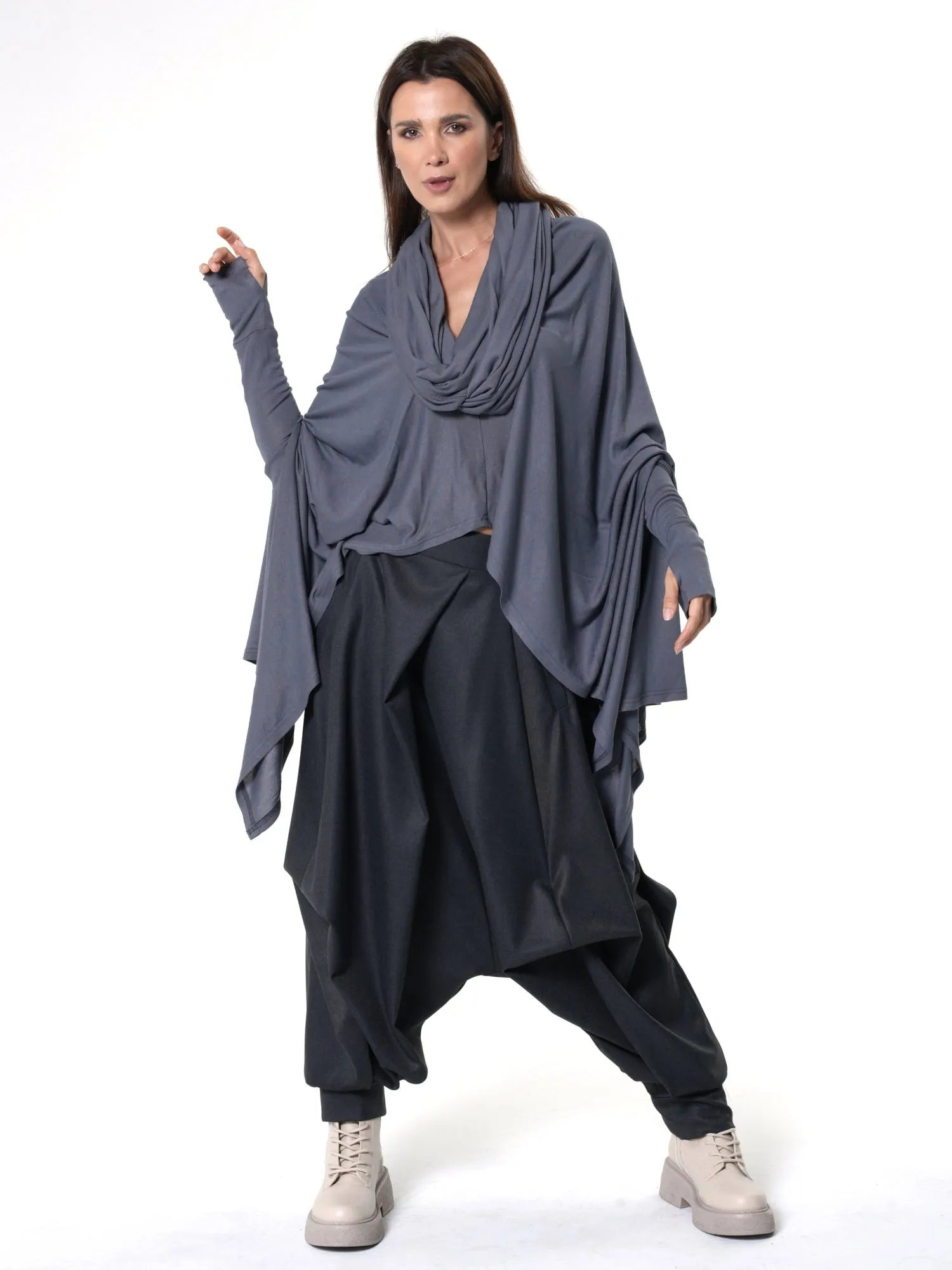 Extravagant Tunic With Scarf Collar In Gray