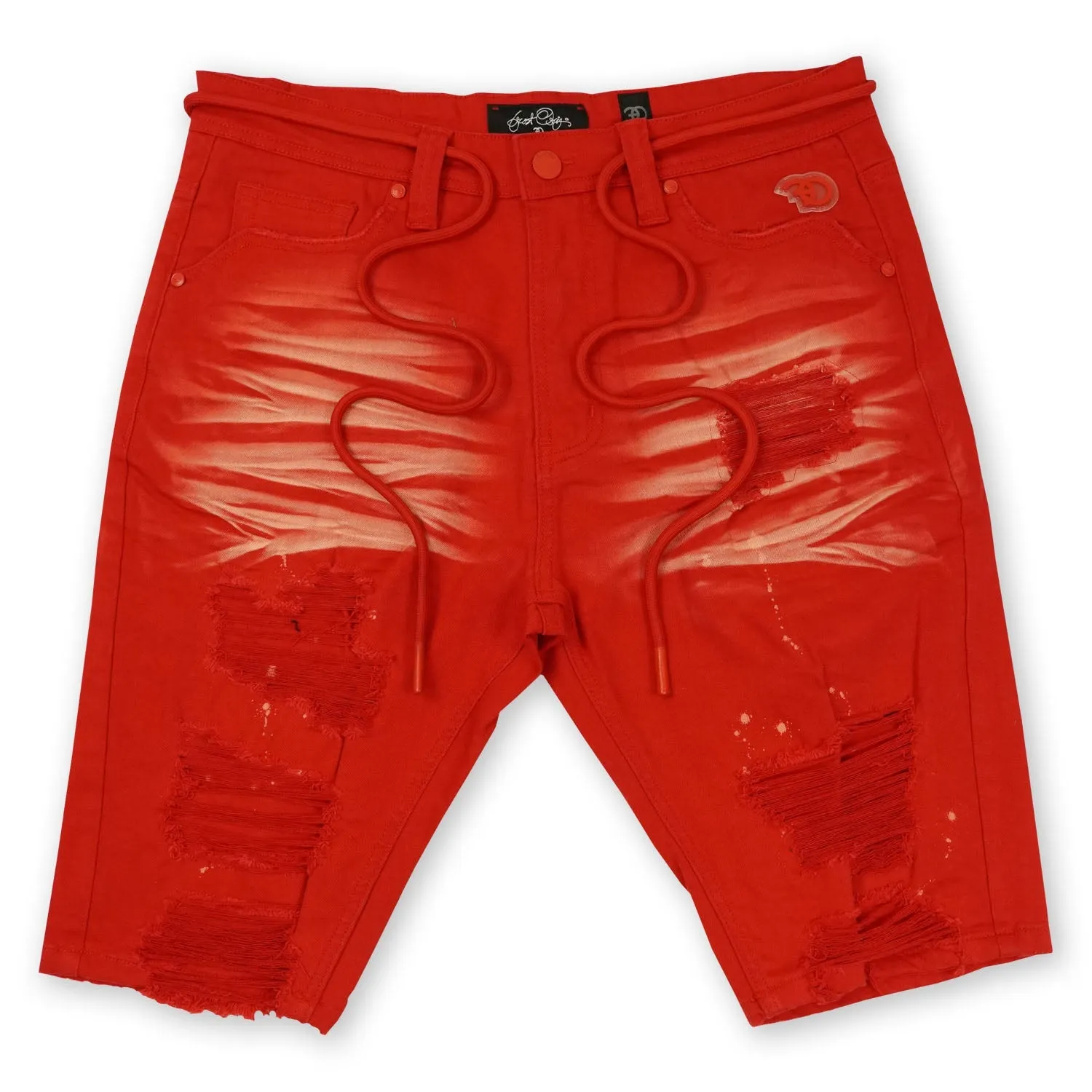 F622 Frost Shredded Denim Shorts - Red