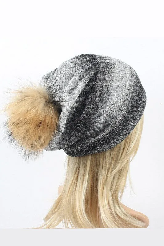 Faux Fur Stripe Cotton Blend Slouchy Beanie