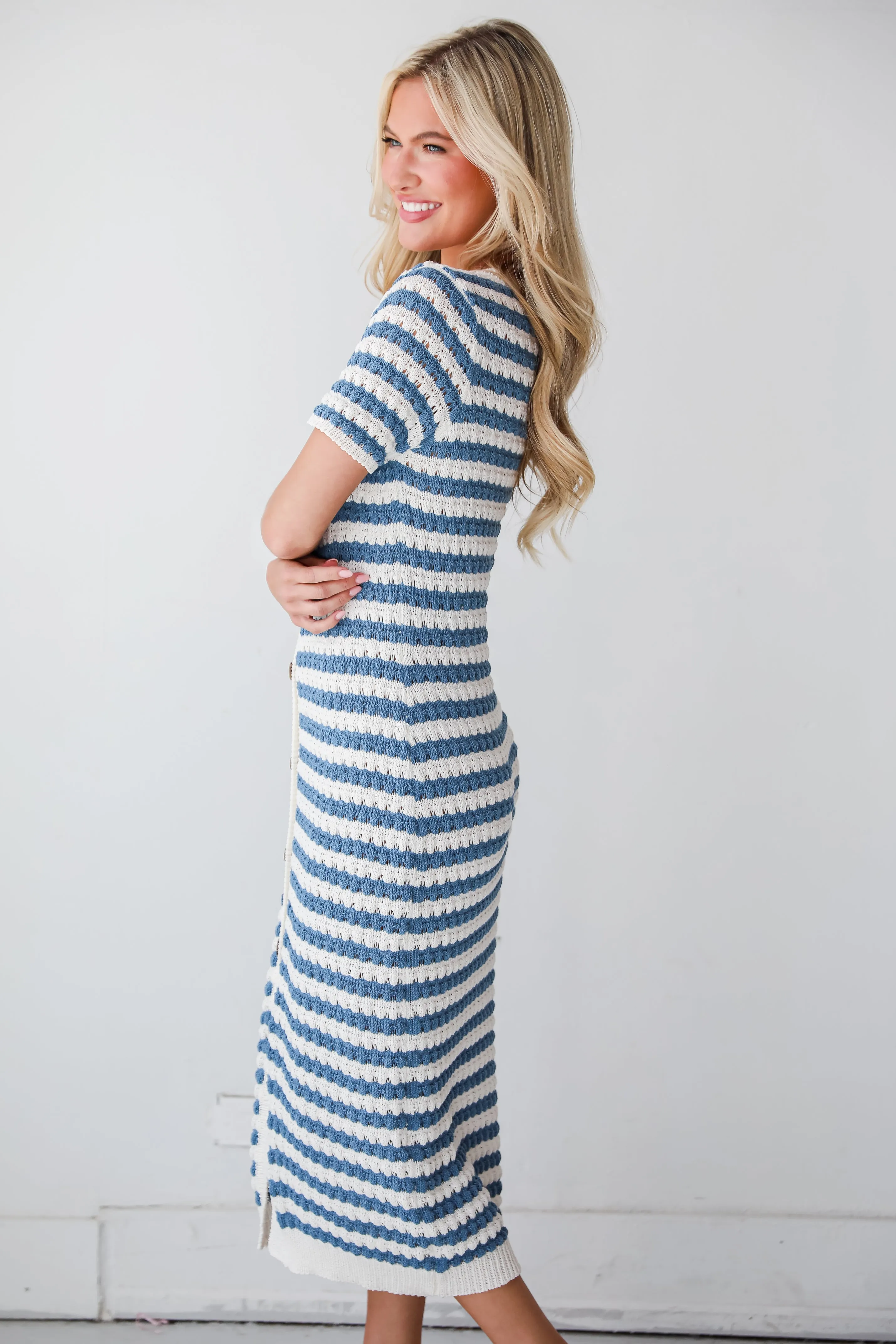 Feeling The Best Blue Striped Crochet Knit Midi Dress