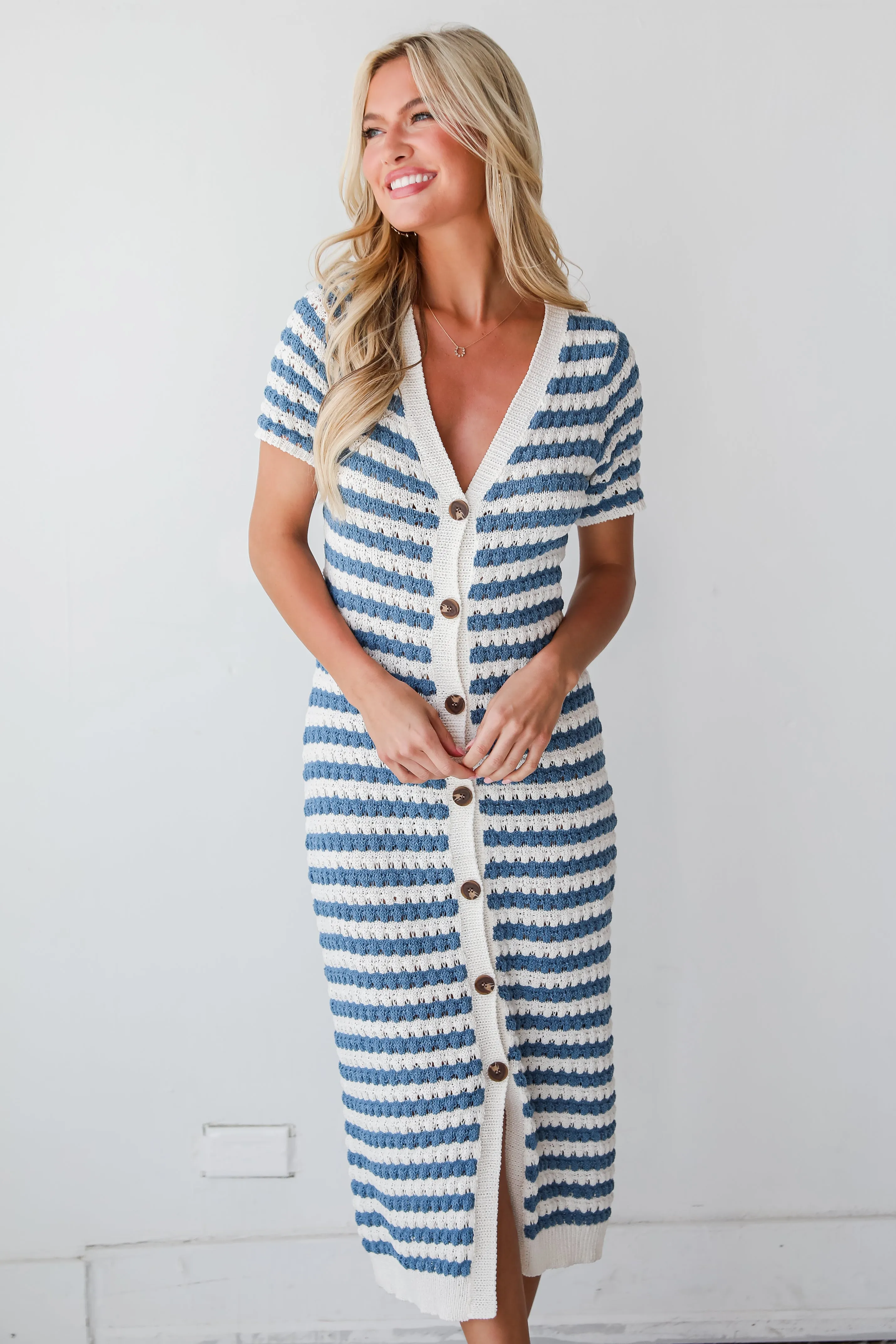 Feeling The Best Blue Striped Crochet Knit Midi Dress