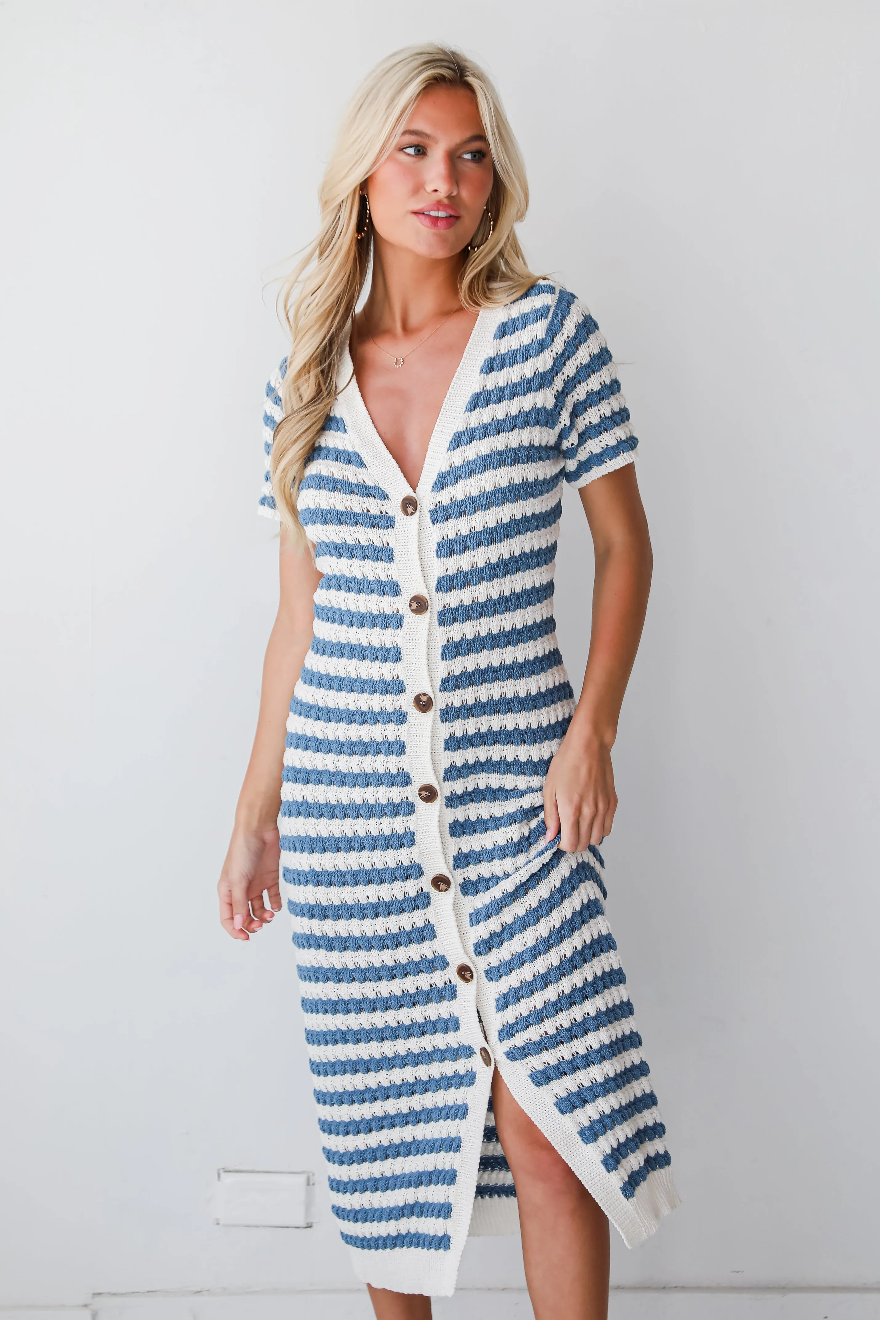 Feeling The Best Blue Striped Crochet Knit Midi Dress