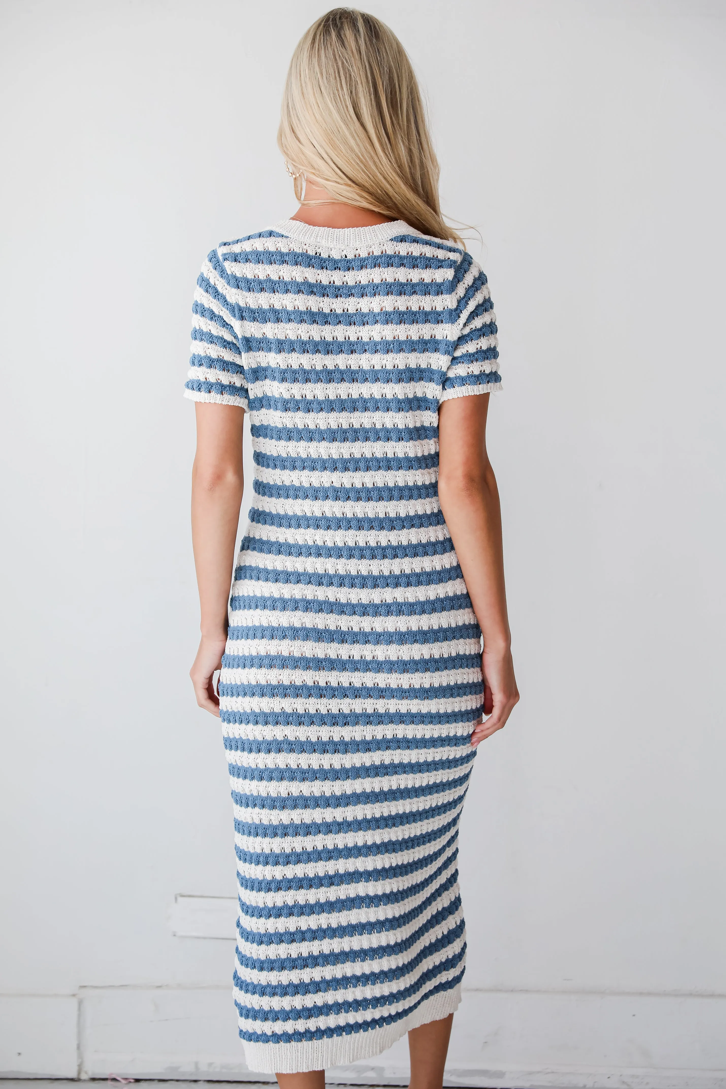 Feeling The Best Blue Striped Crochet Knit Midi Dress