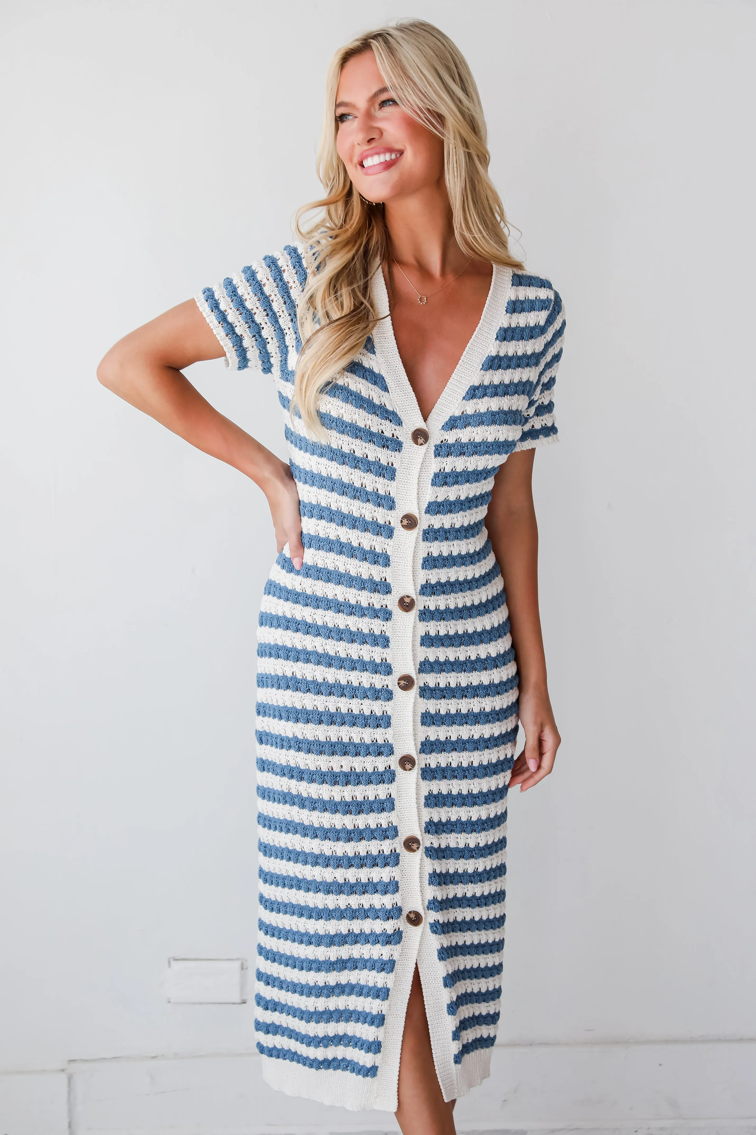 Feeling The Best Blue Striped Crochet Knit Midi Dress