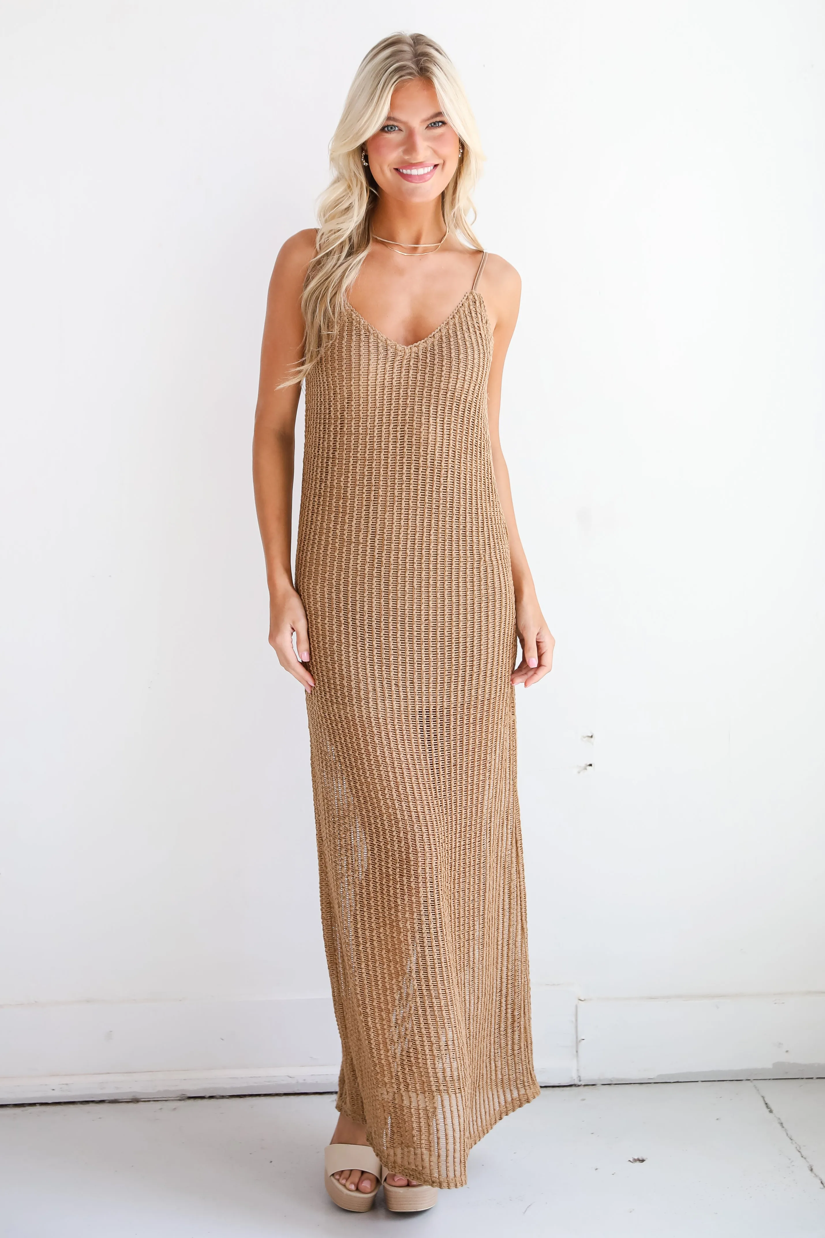 FINAL SALE - Compelling Style Taupe Crochet Knit Maxi Dress