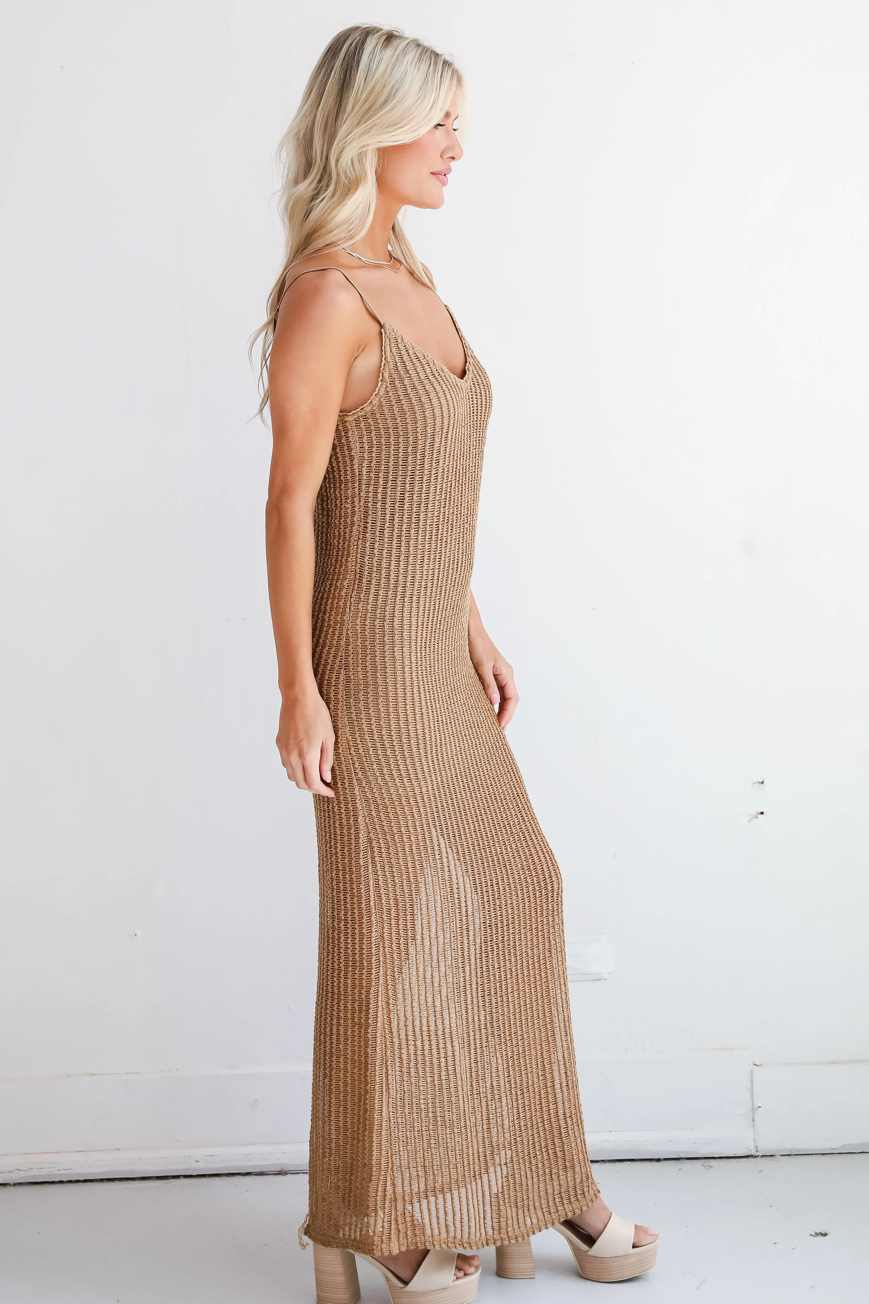 FINAL SALE - Compelling Style Taupe Crochet Knit Maxi Dress