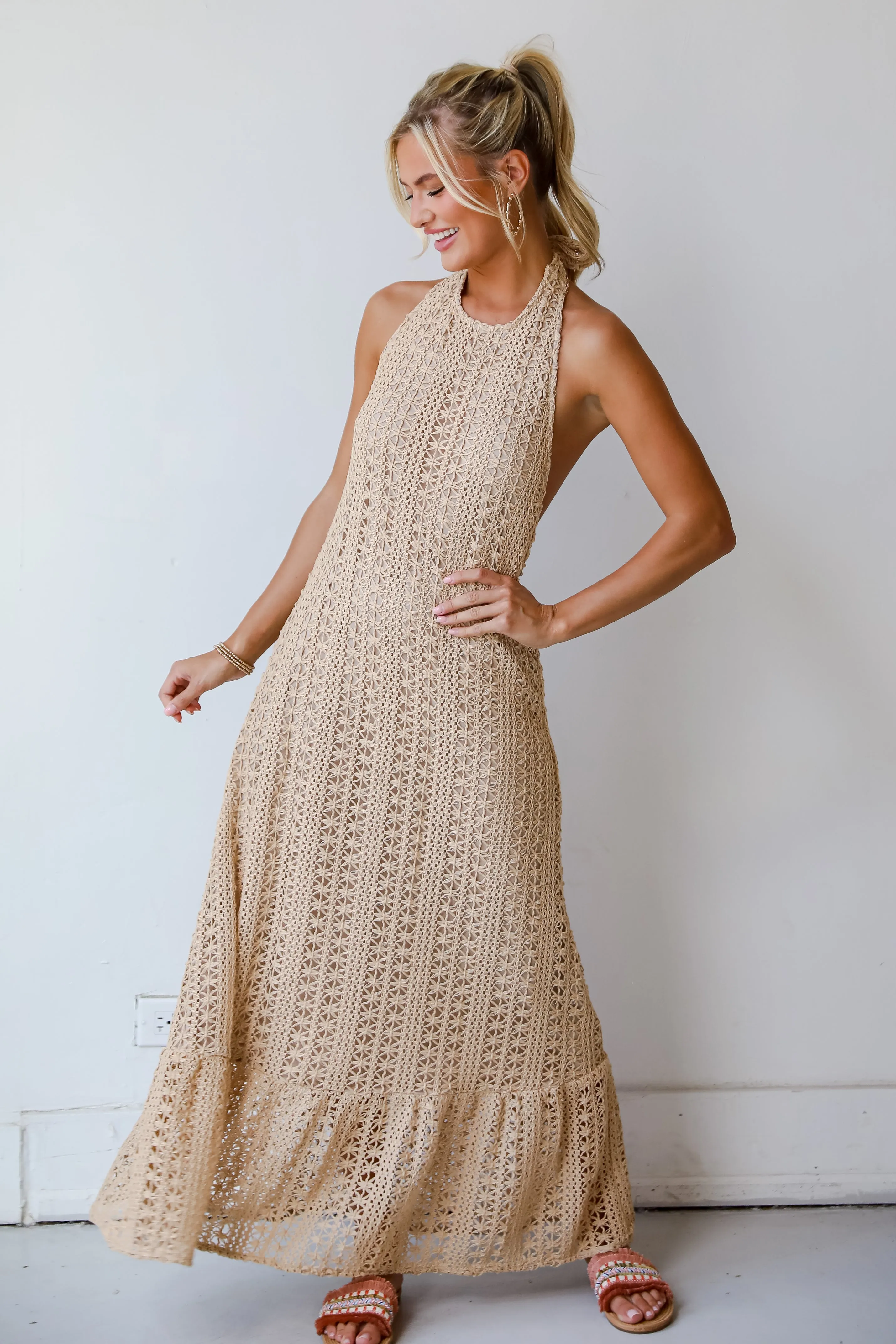 FINAL SALE - Divine Intentions Taupe Crochet Knit Halter Maxi Dress