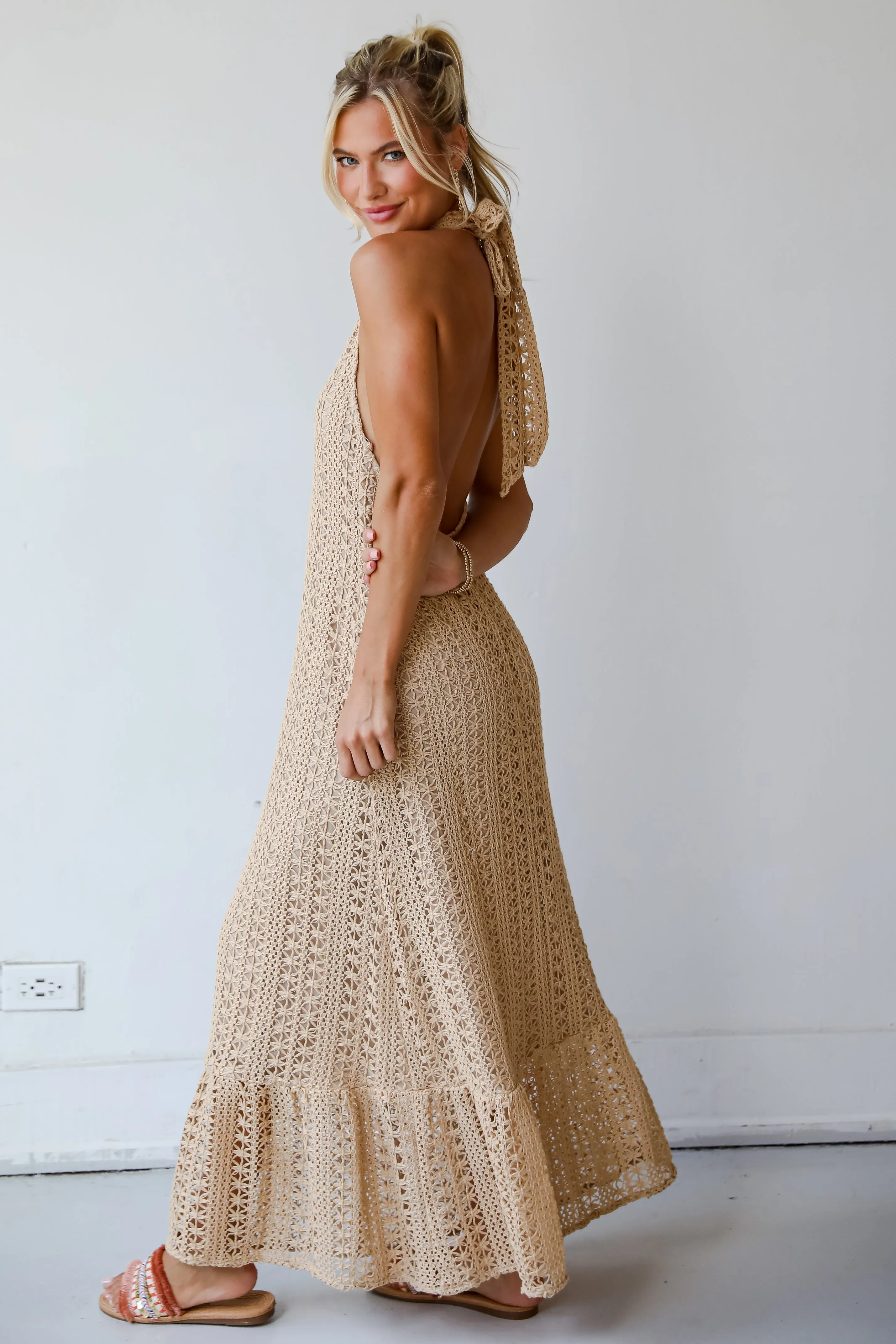 FINAL SALE - Divine Intentions Taupe Crochet Knit Halter Maxi Dress