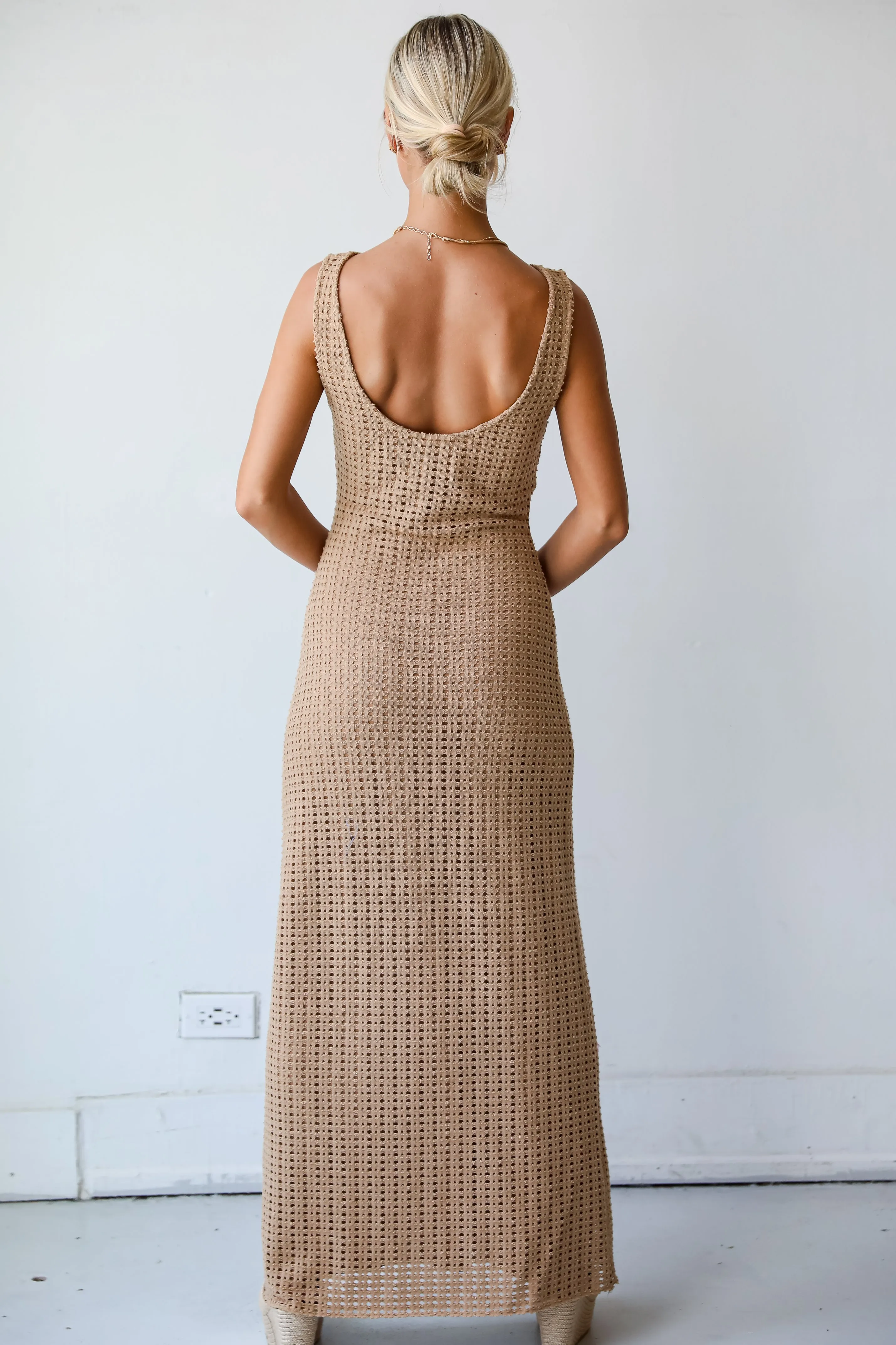 FINAL SALE - Infinite Sunshine Taupe Crochet Knit Maxi Dress