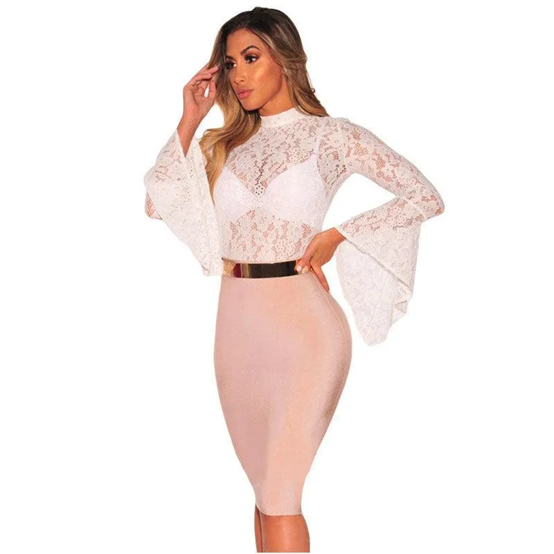 FLORAL LACE FLARE SLEEVE BODYSUIT