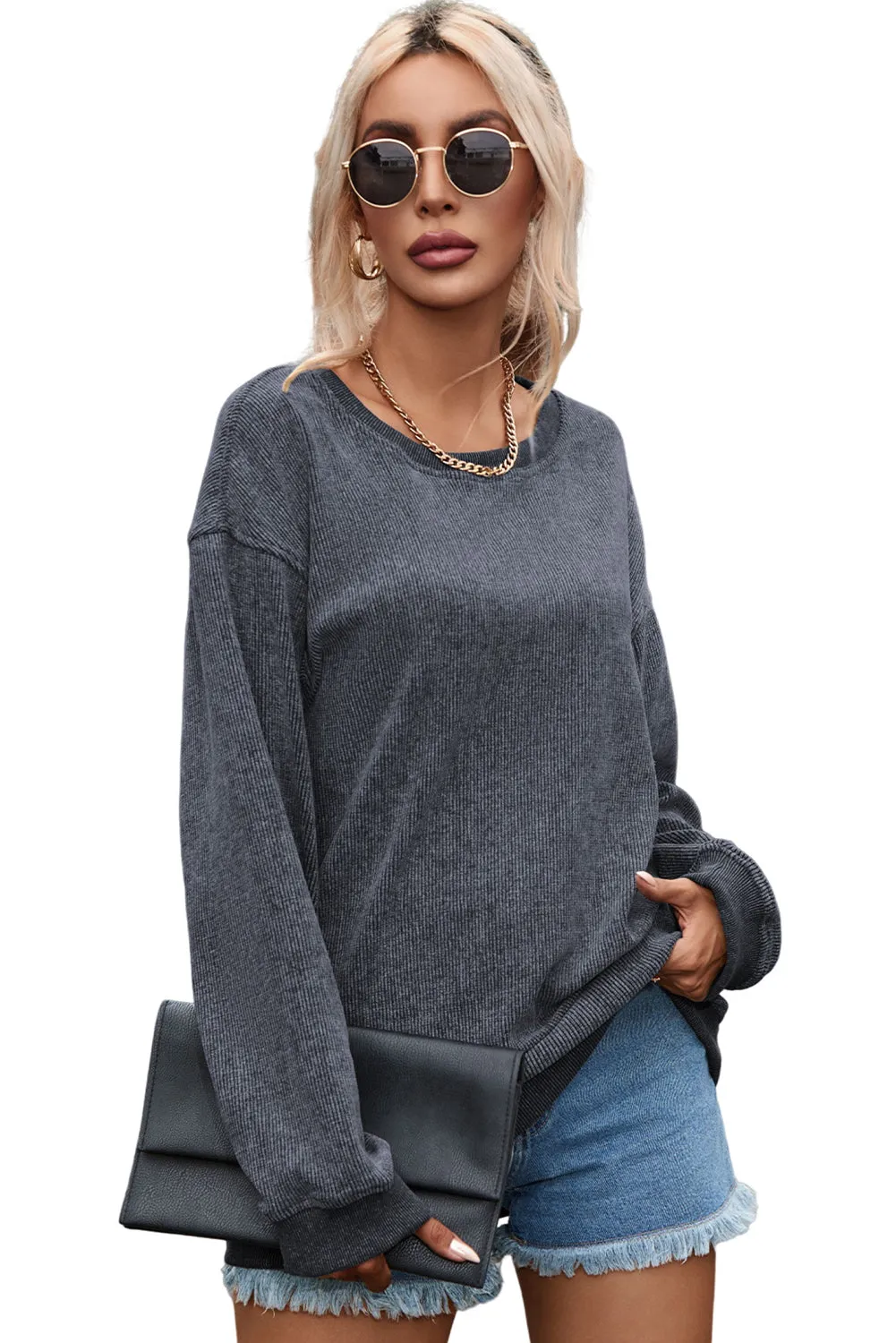 Gray Solid Ribbed Knit Round Neck Pullover Sweatshirt