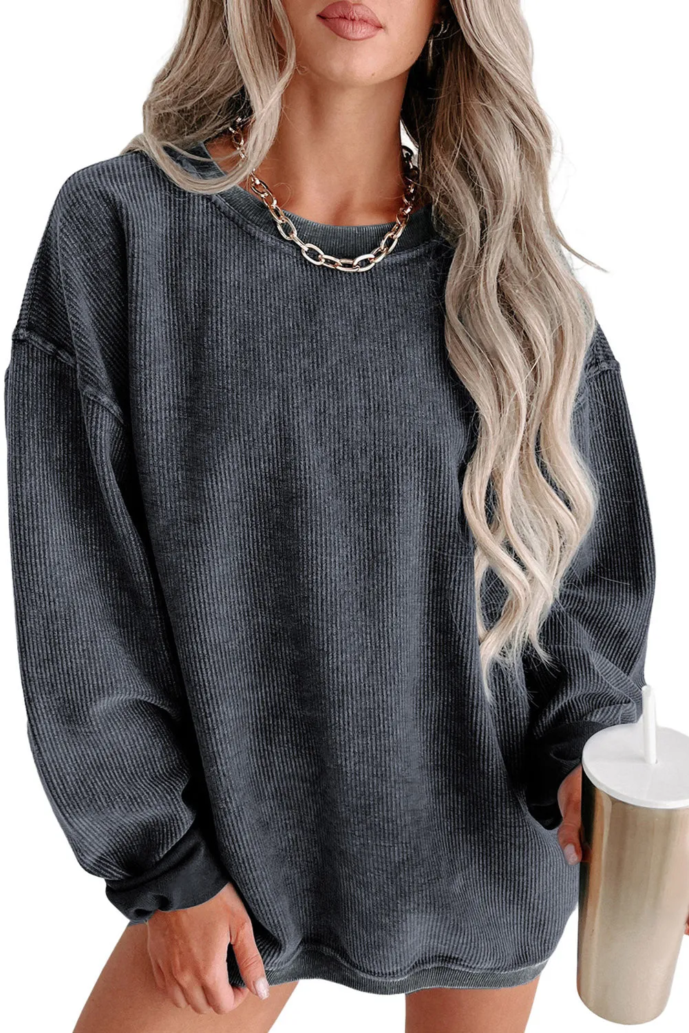 Gray Solid Ribbed Knit Round Neck Pullover Sweatshirt