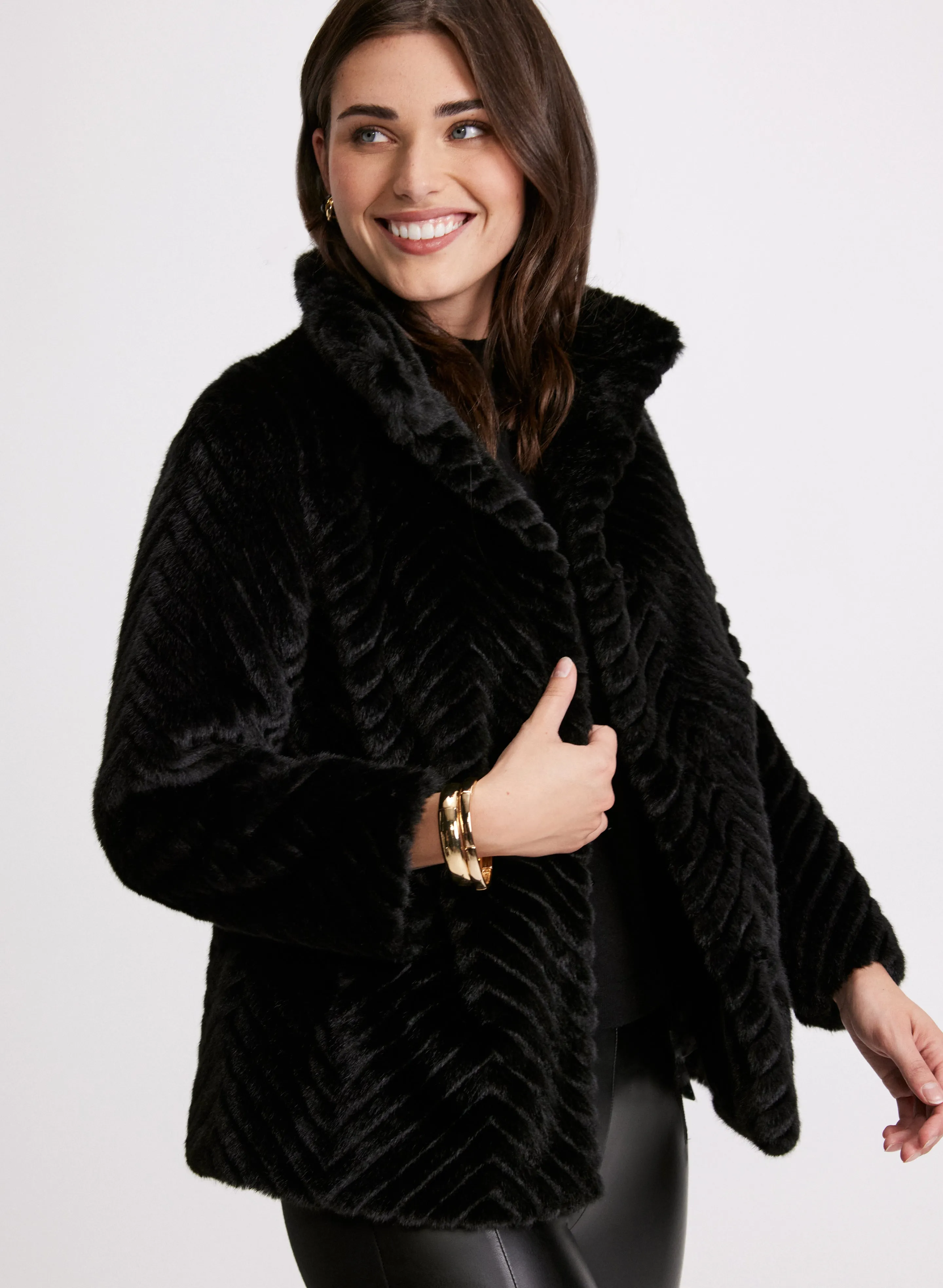 Herringbone Quilted Faux Fur Coat