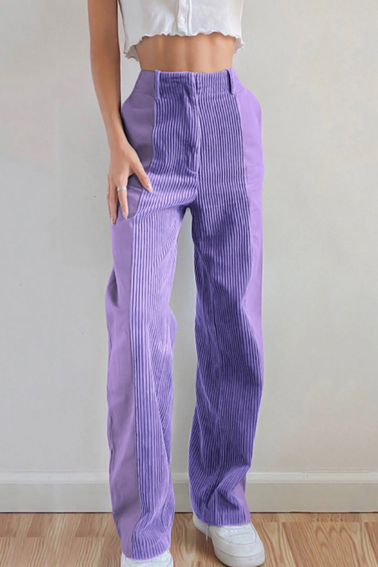 High Waist Corduroy Patchwork Long Pants