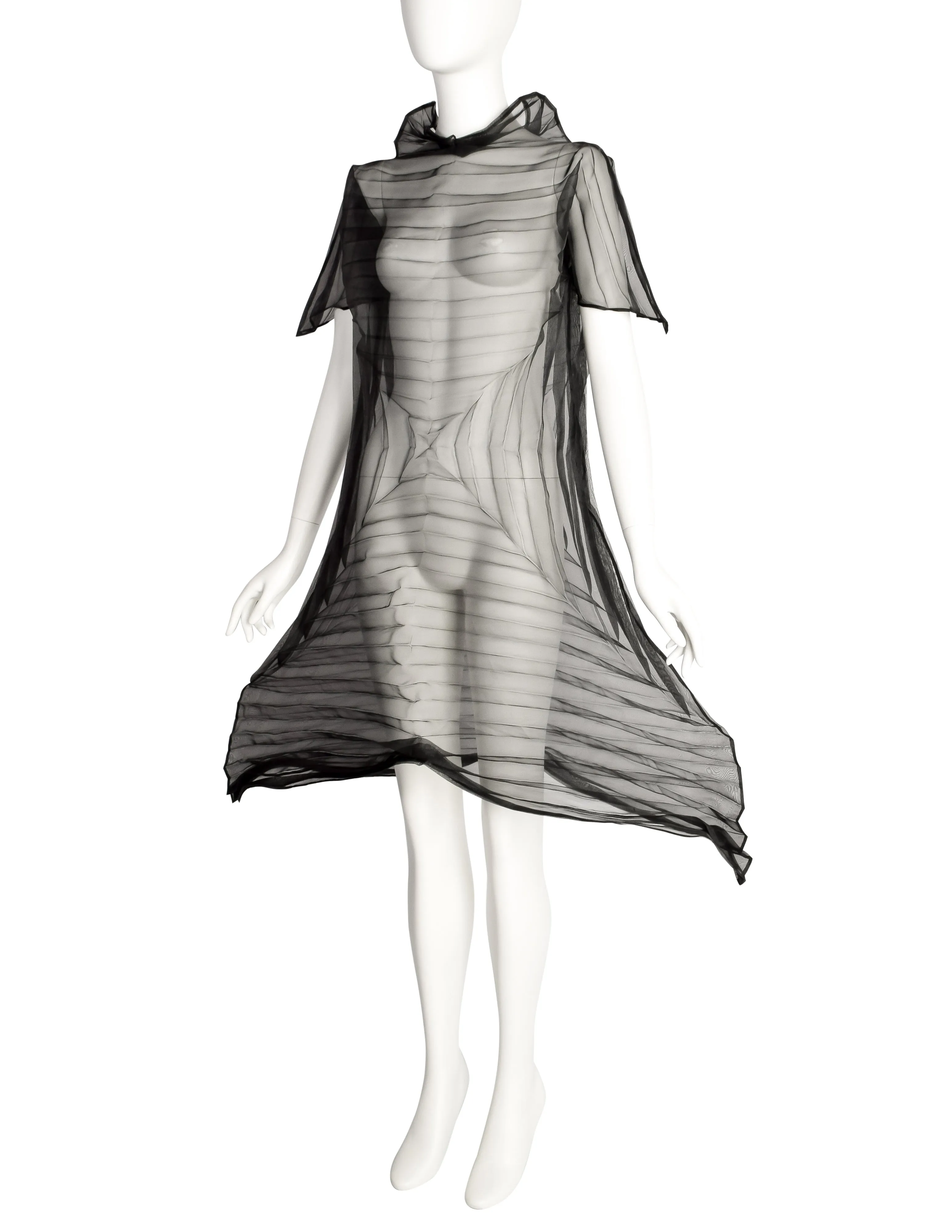 Issey Miyake Vintage Avant Garde Black Sheer Square Pleated Chiffon Origami Dress