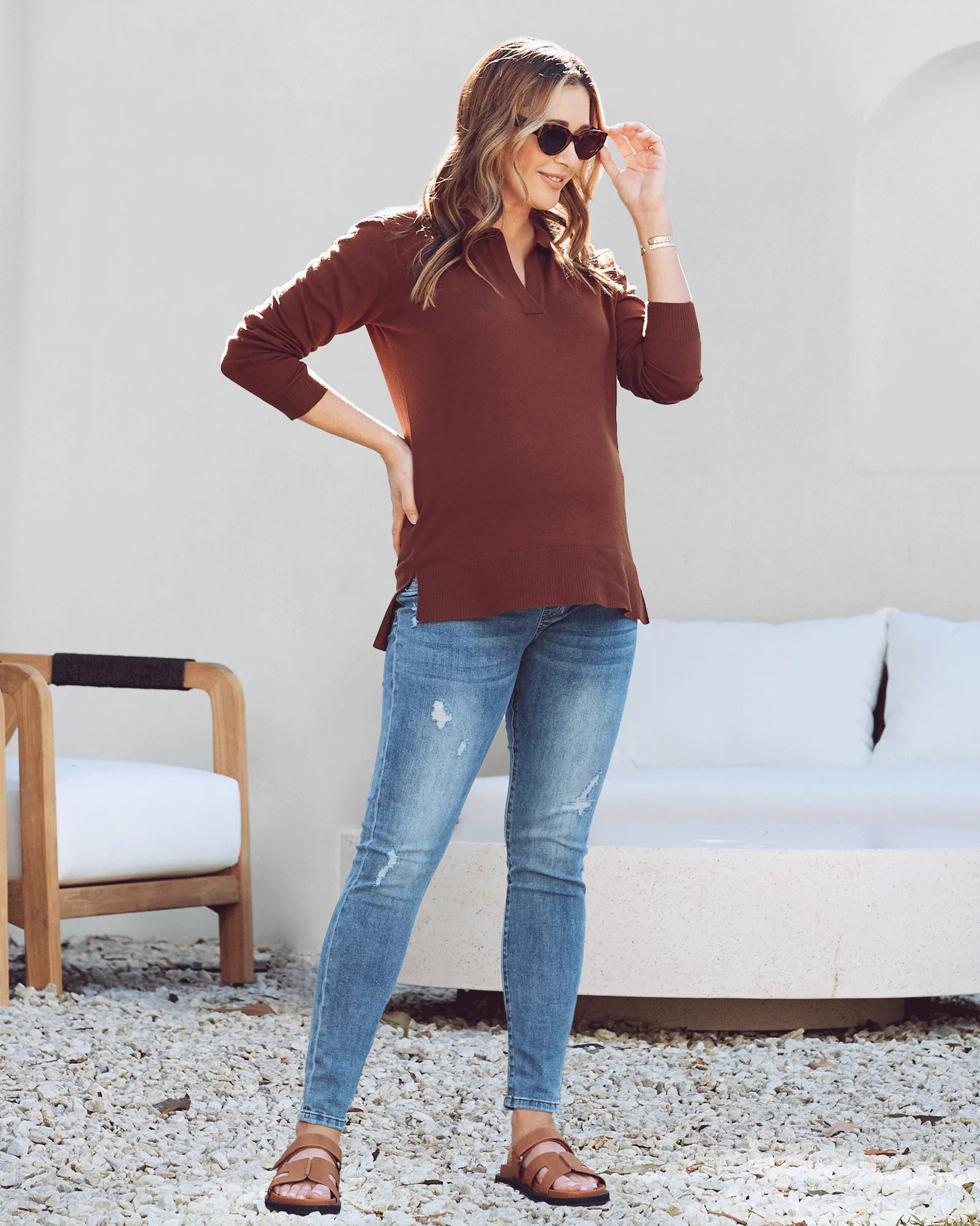 Jolie Maternity Polo Knit in Brown