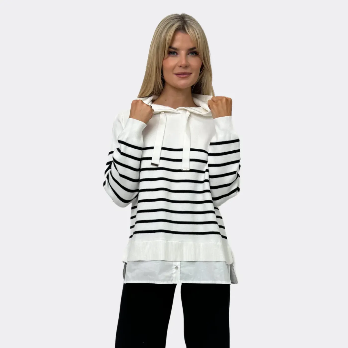 Kate & Pippa Sam Stripe Knit Jumper With Undershirt Detail | White