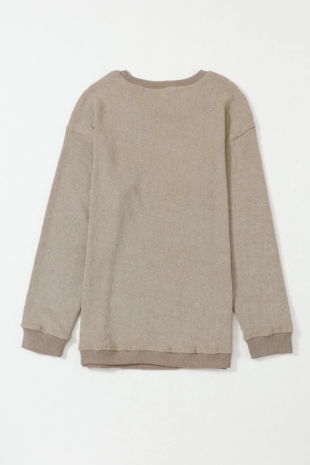 Khaki Solid Ribbed Knit Round Neck Pullover Sweatshirt