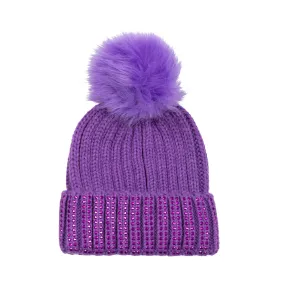 Kids Jeweled Beanie With Faux Fur Pom