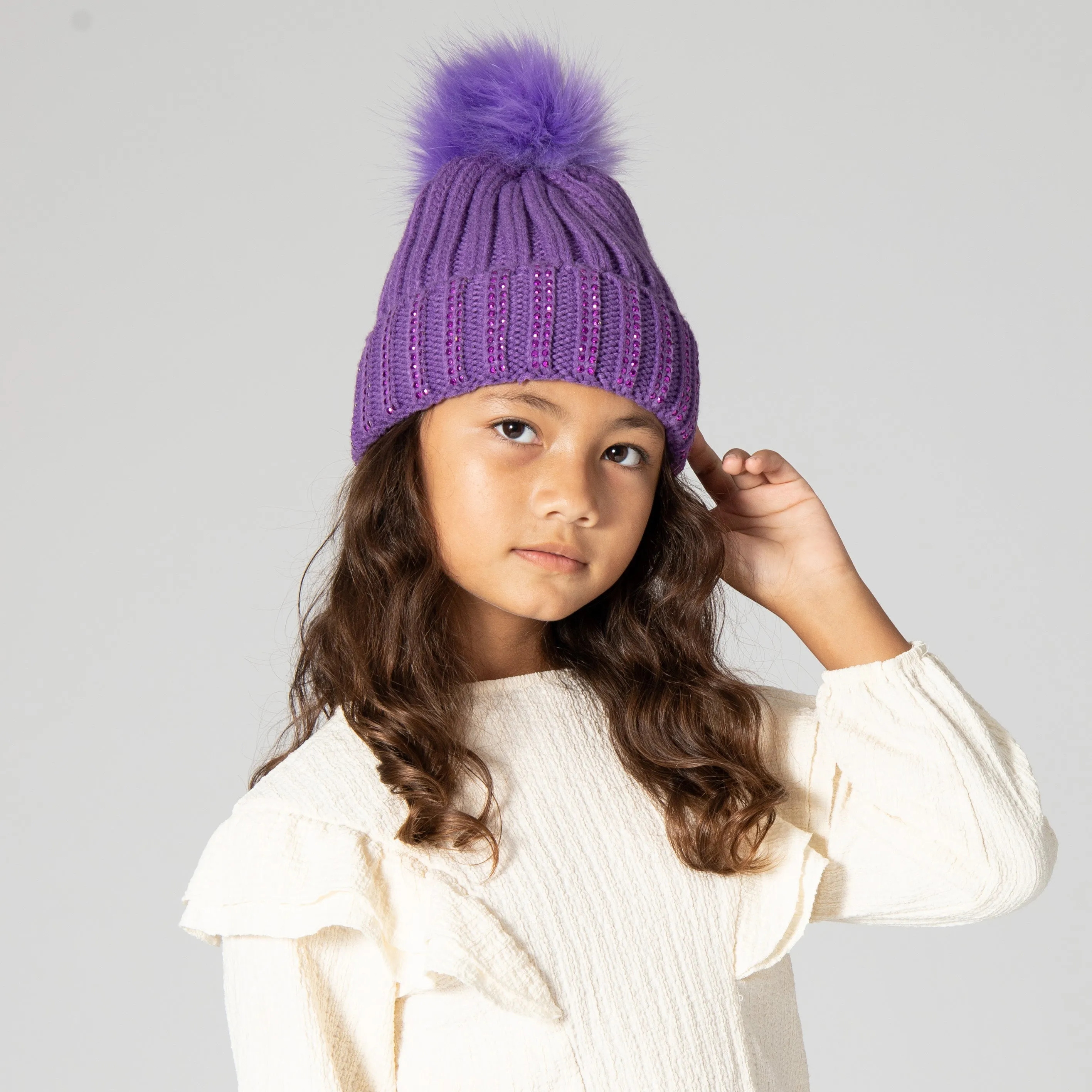 Kids Jeweled Beanie With Faux Fur Pom