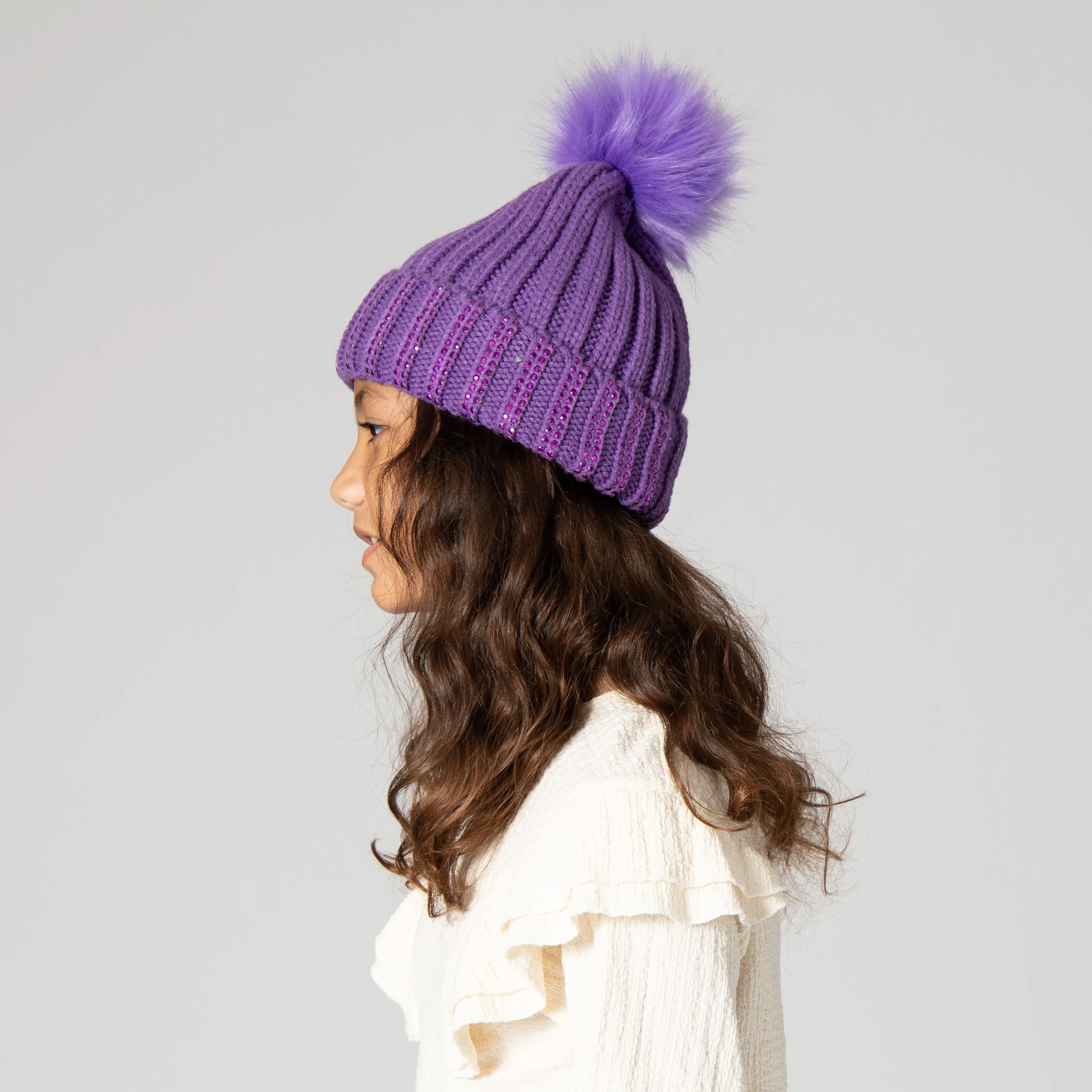 Kids Jeweled Beanie With Faux Fur Pom