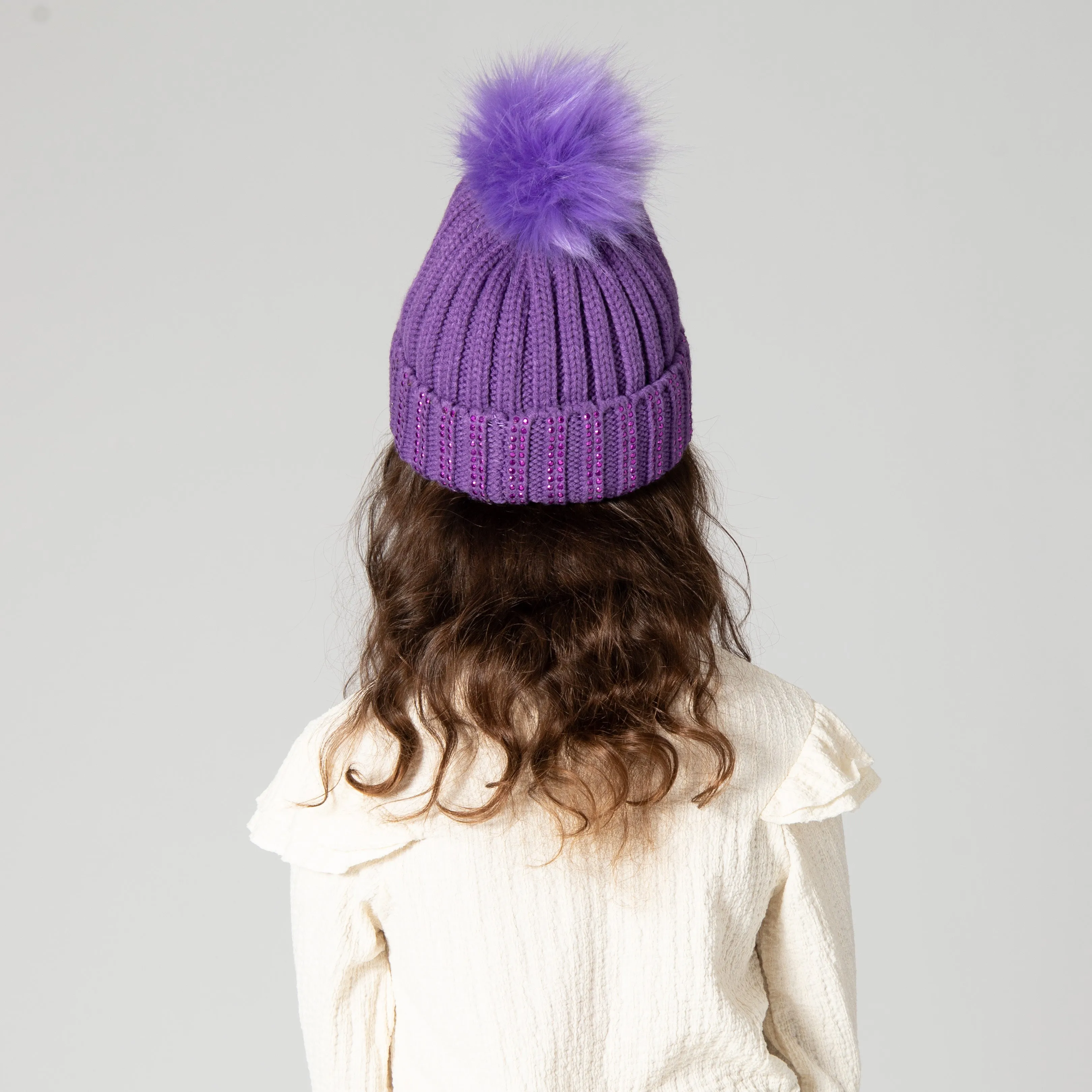 Kids Jeweled Beanie With Faux Fur Pom