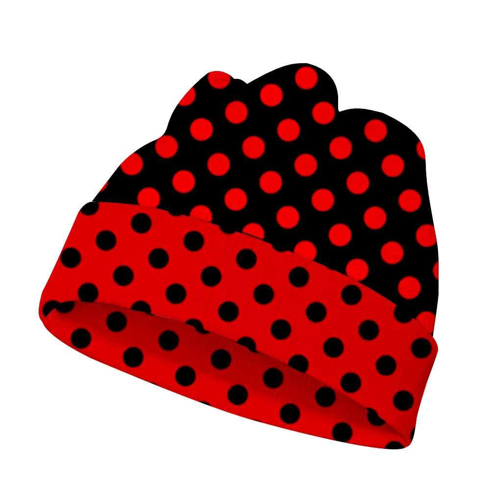 Knitted Beanies for Boys and Girls-Knit Caps for Kids and Young Adults - Red and Black Polka Dots