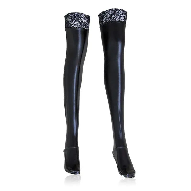 Lace Silicone Latex Stockings Ladies Black Faux Leather Thigh High