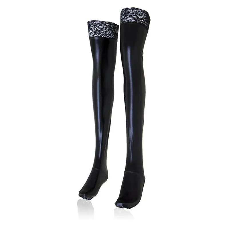 Lace Silicone Latex Stockings Ladies Black Faux Leather Thigh High