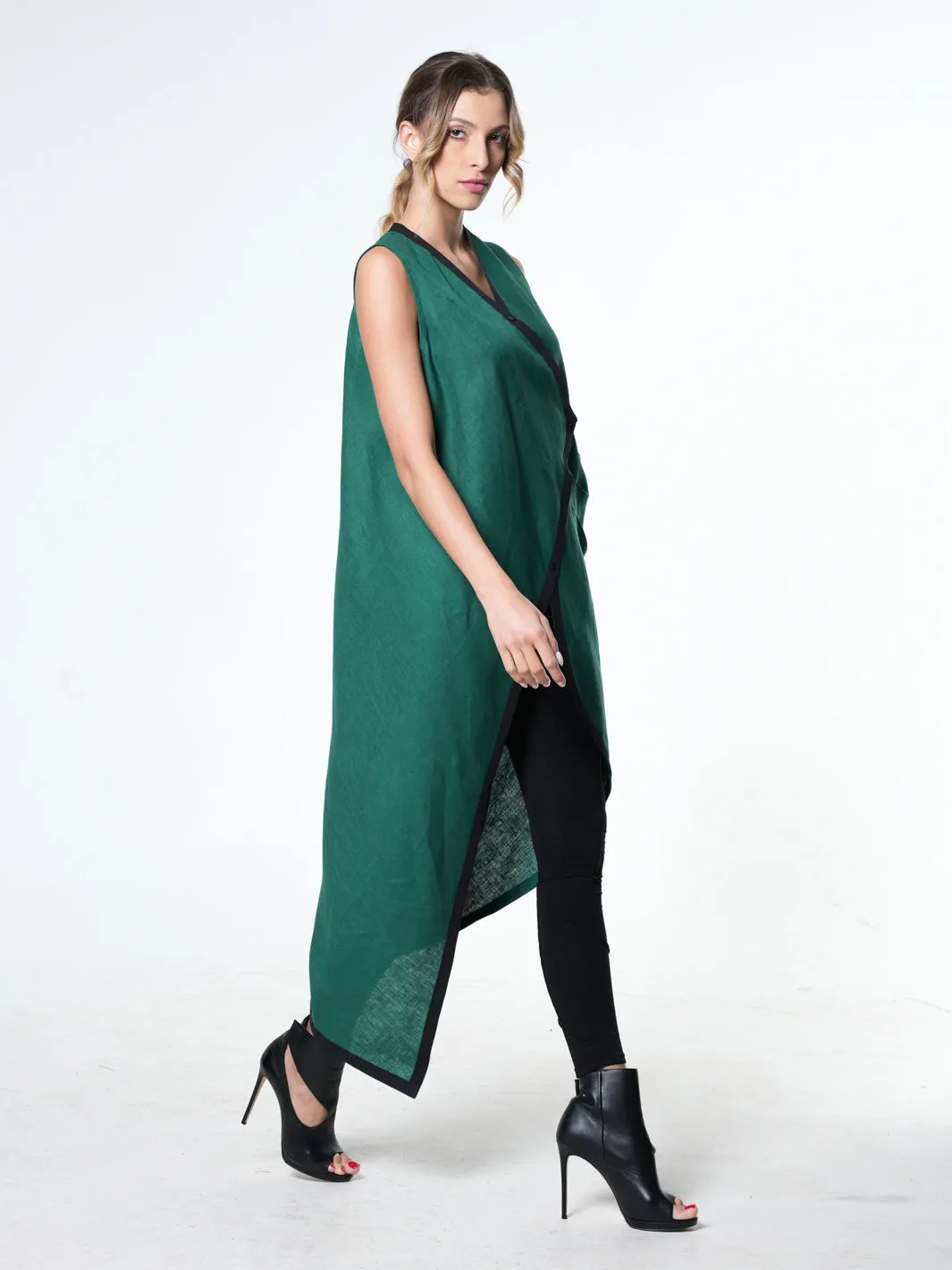 Long Linen Tunic Top In Green