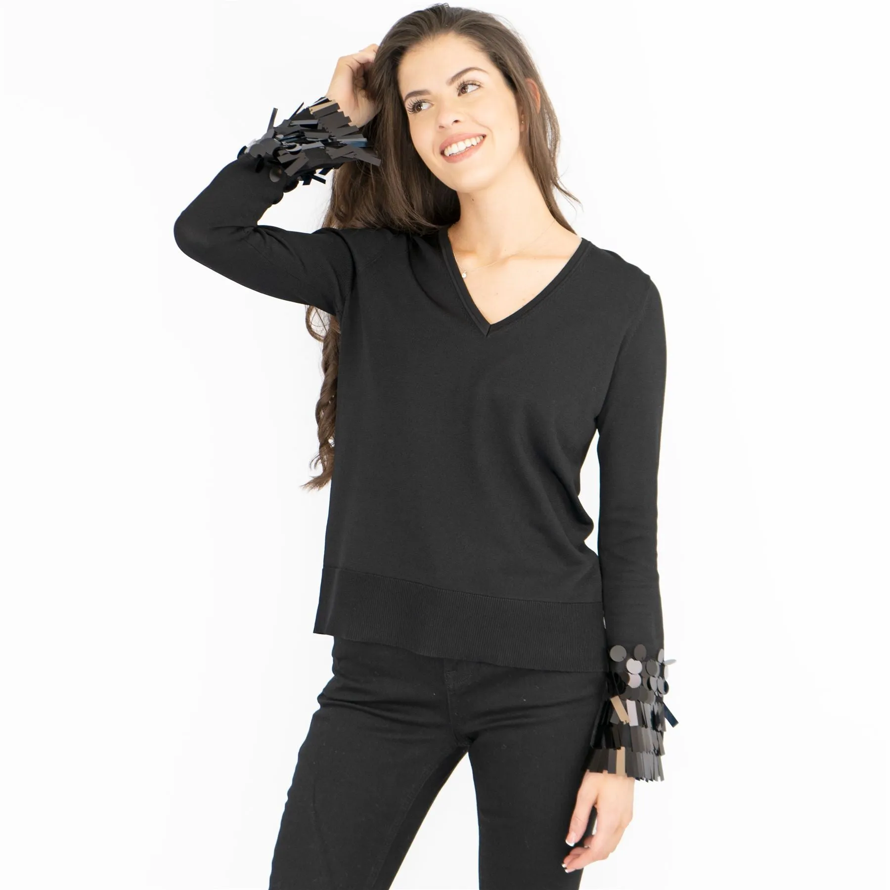 M&S V-Neck Embellished Cuff Long Sleeve Black Jumper