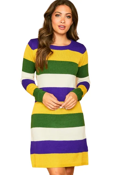 Mardi Gras Color Striped Knit Dress