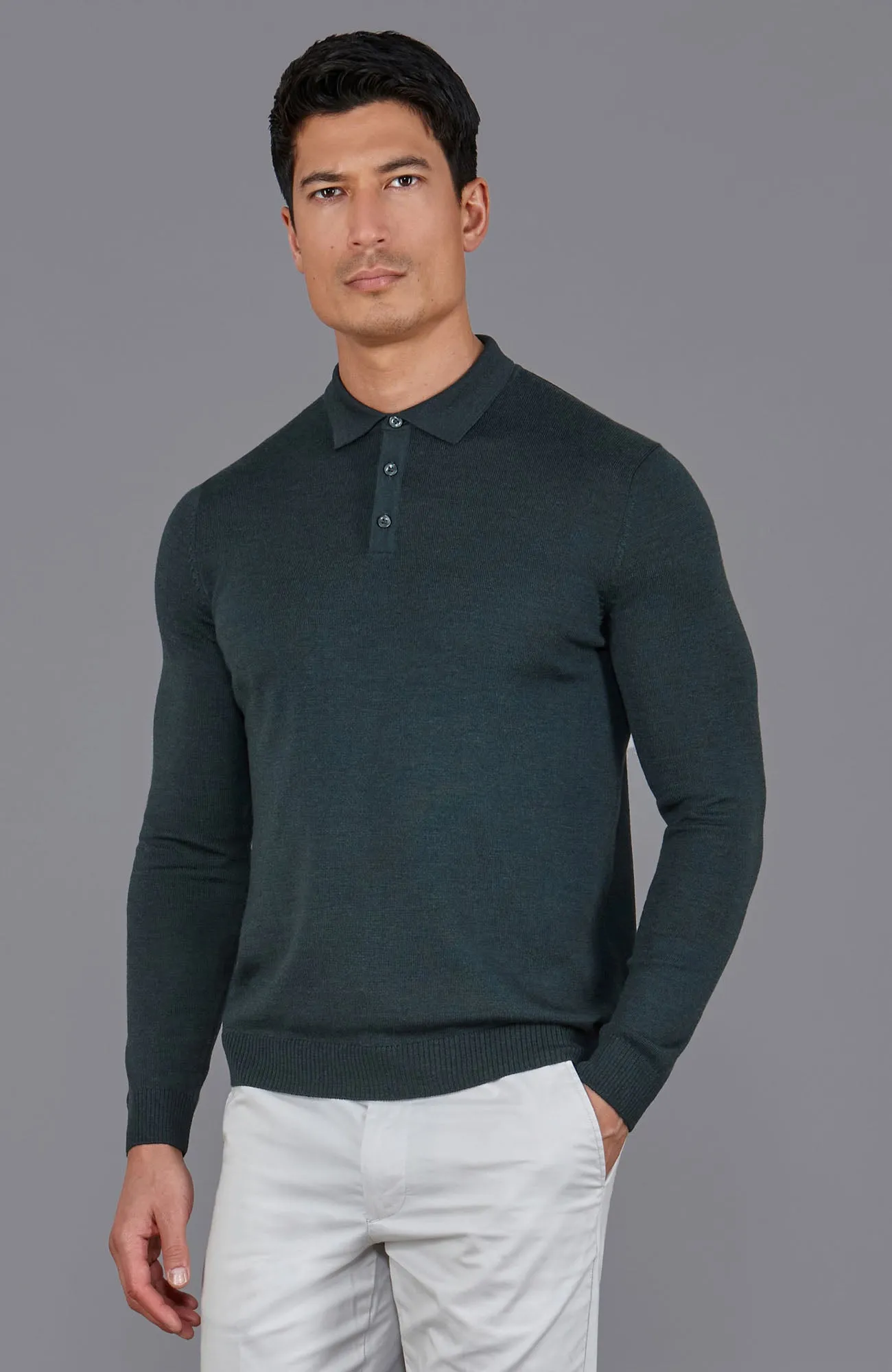 Mens Extra Fine Merino Wool Long Sleeve Polo Shirt