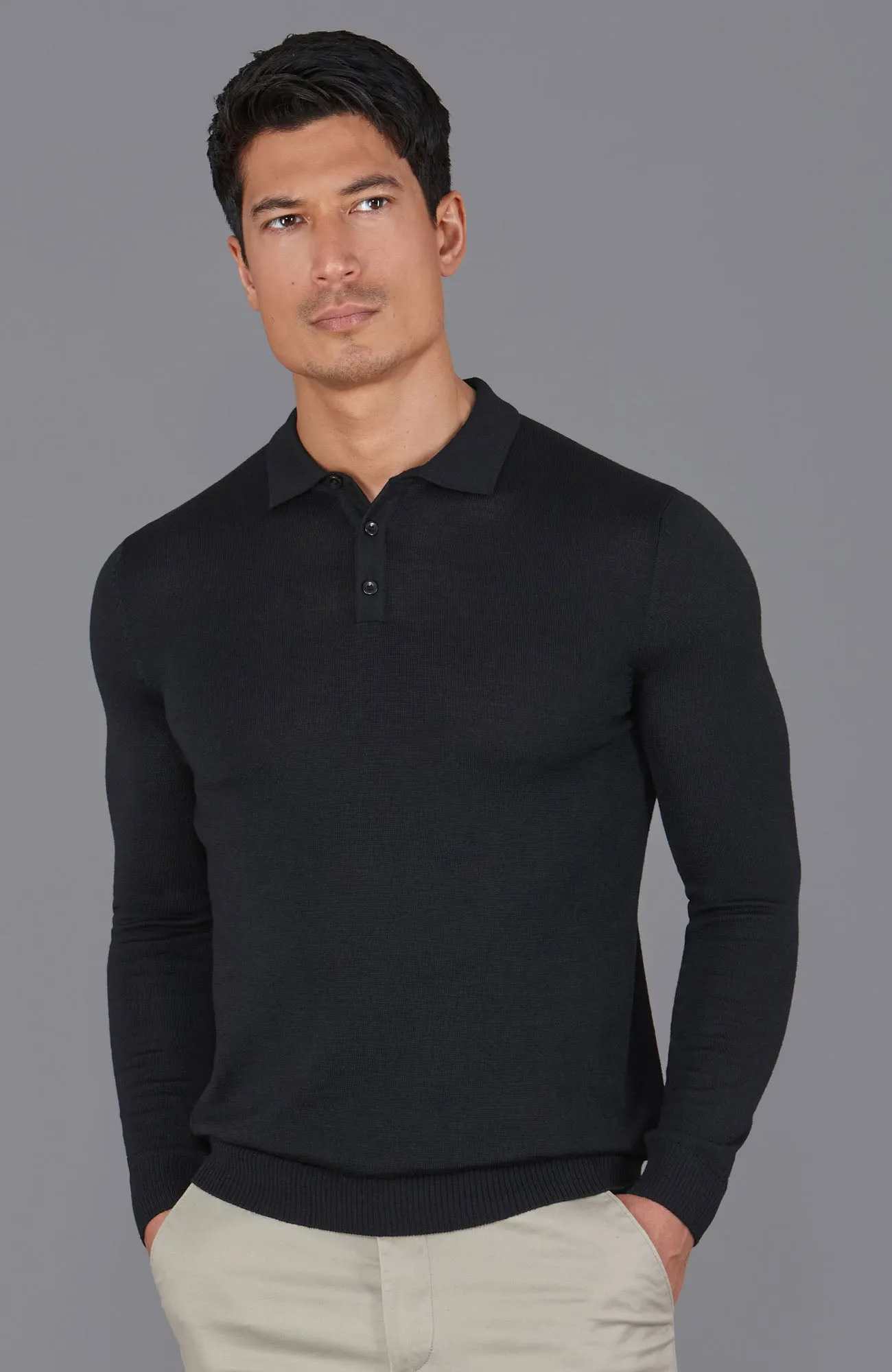 Mens Extra Fine Merino Wool Long Sleeve Polo Shirt