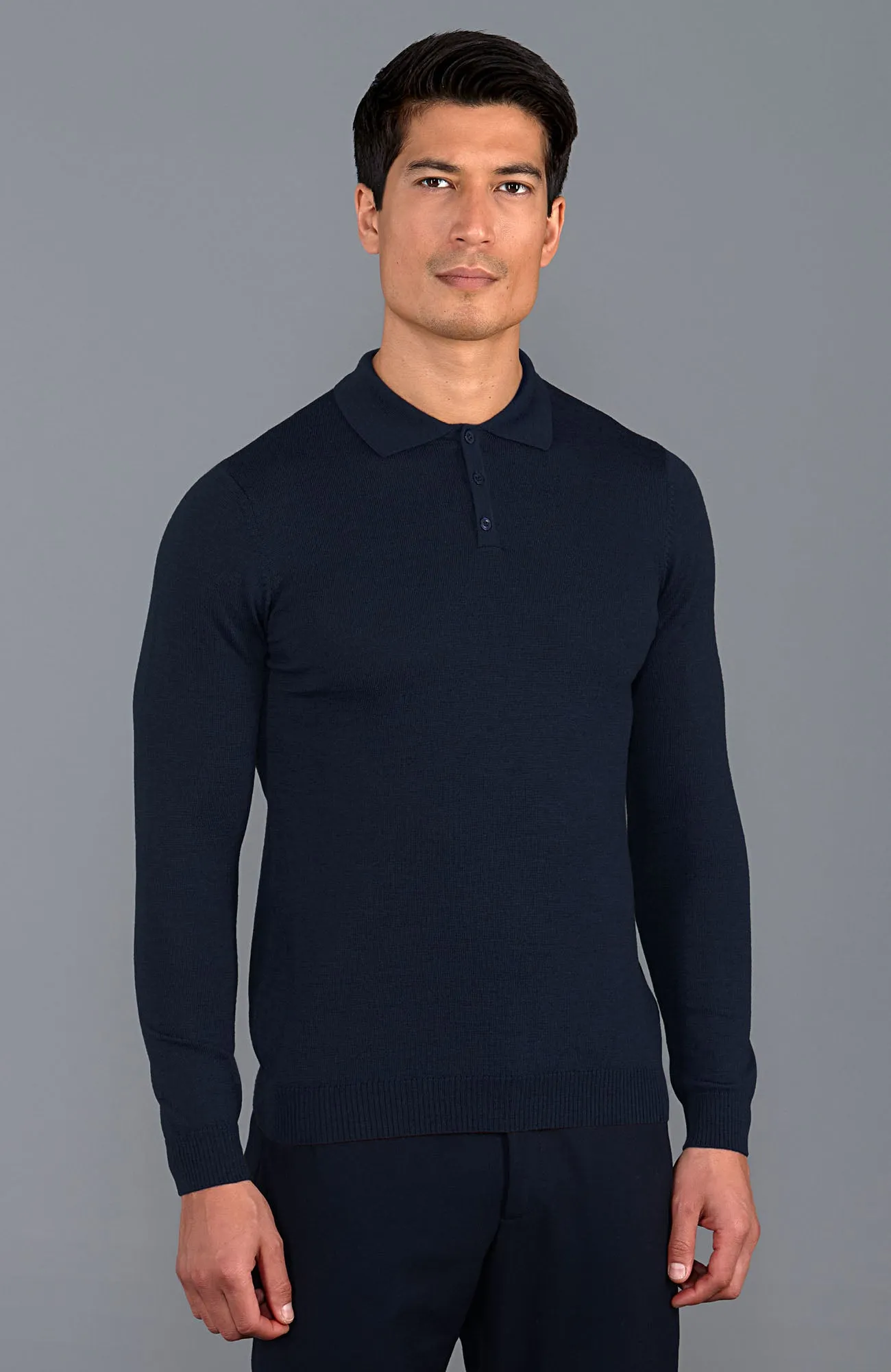 Mens Extra Fine Merino Wool Long Sleeve Polo Shirt