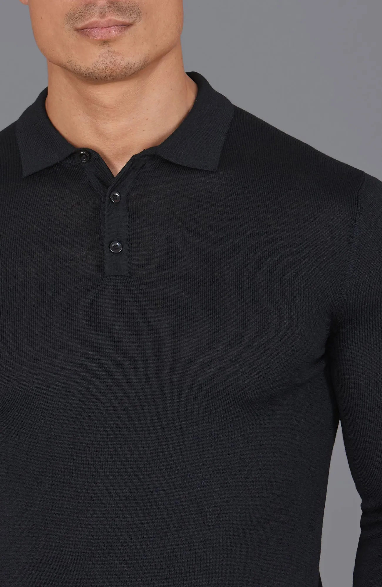 Mens Extra Fine Merino Wool Long Sleeve Polo Shirt