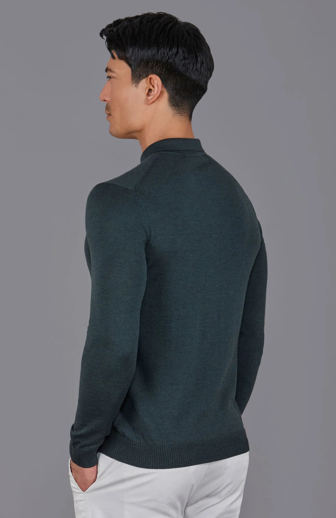 Mens Extra Fine Merino Wool Long Sleeve Polo Shirt