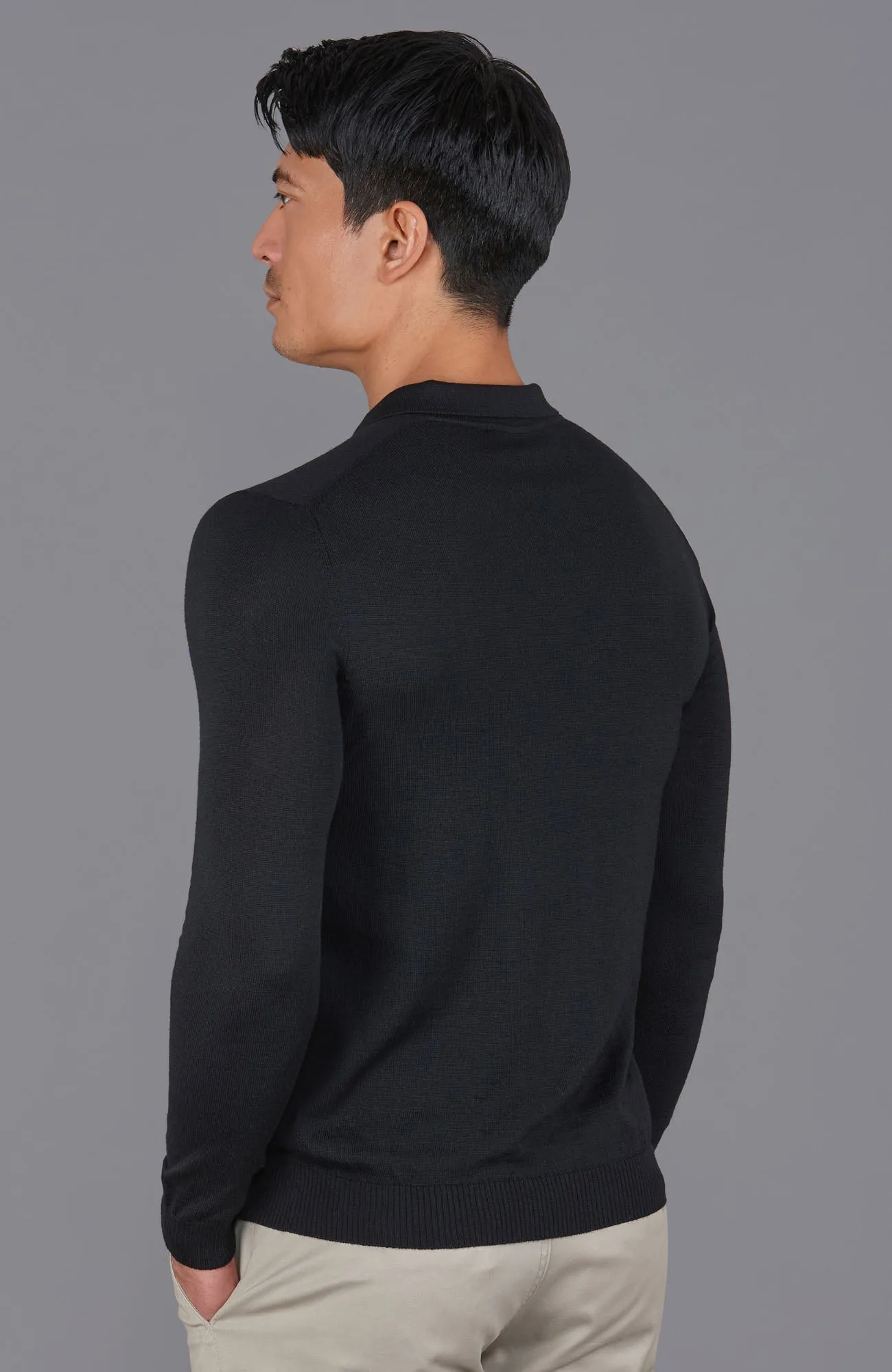 Mens Extra Fine Merino Wool Long Sleeve Polo Shirt