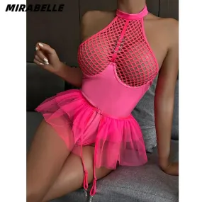 MIRABELLE Mesh Pu Leather Bodysuit