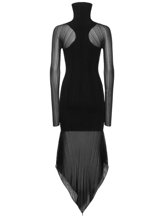 MUGLER   Plissé rib knit turtleneck midi dress 