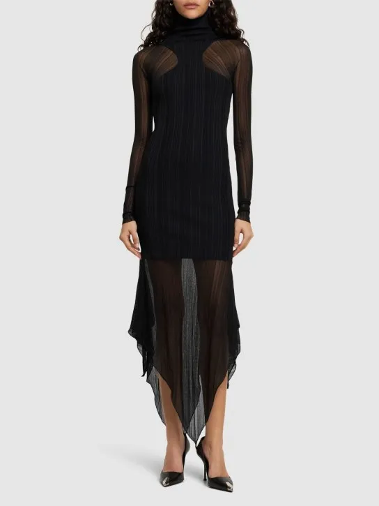 MUGLER   Plissé rib knit turtleneck midi dress 