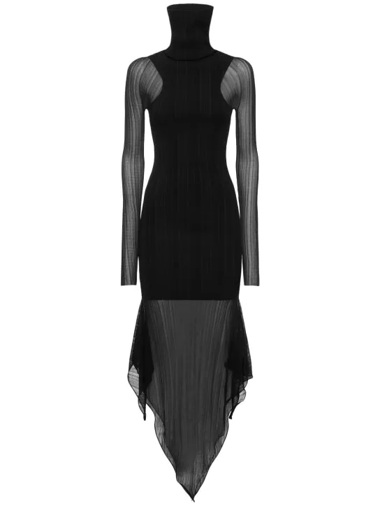 MUGLER   Plissé rib knit turtleneck midi dress 