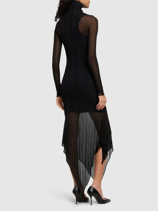 MUGLER   Plissé rib knit turtleneck midi dress 