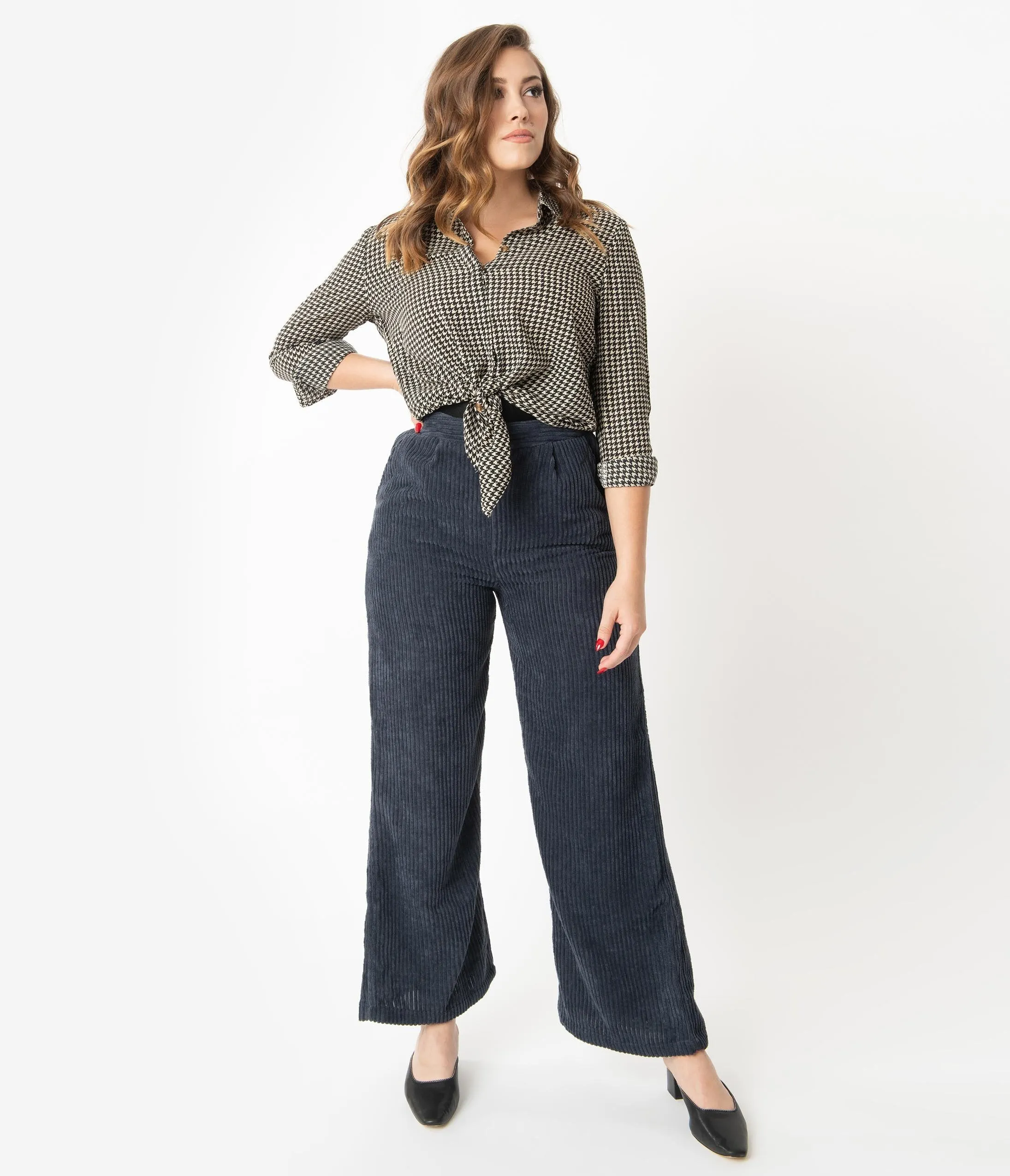 Navy Corduroy High Waist Wide Leg Pants