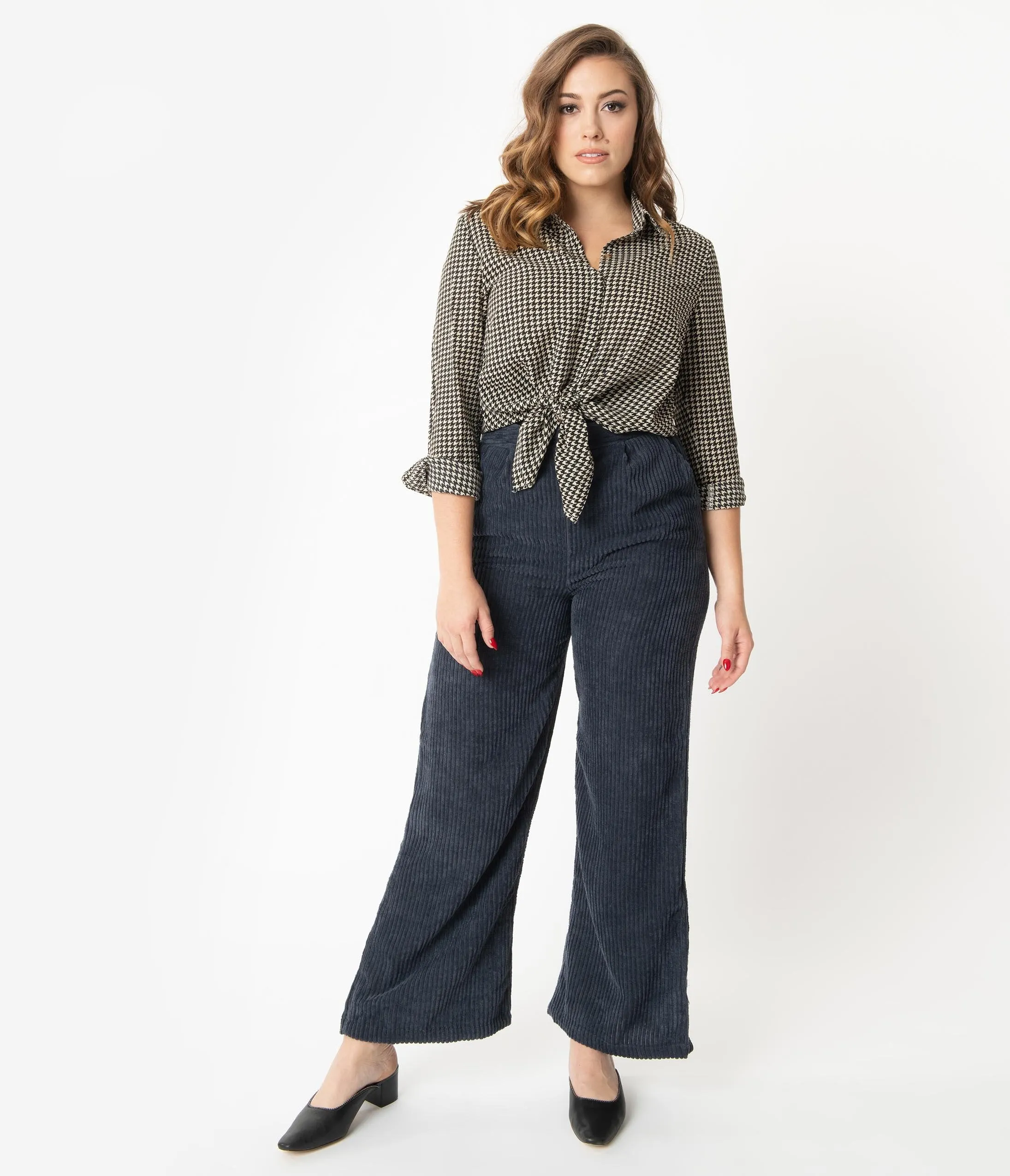 Navy Corduroy High Waist Wide Leg Pants