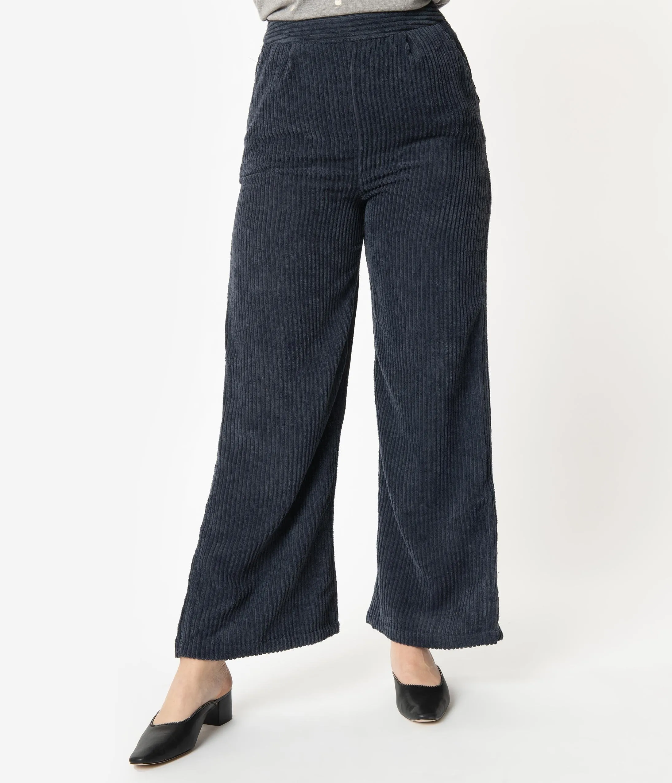 Navy Corduroy High Waist Wide Leg Pants