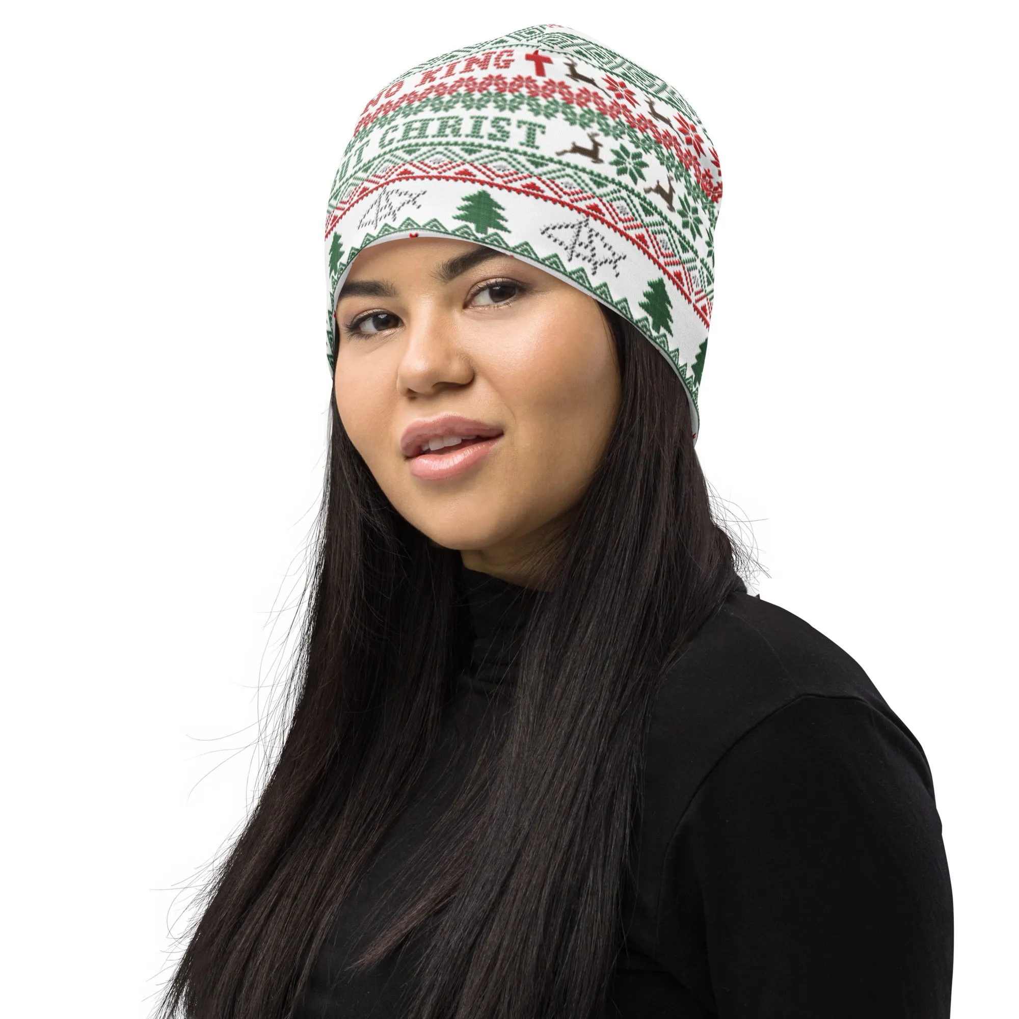 No King but Christ Ugly Christmas All-Over Print Beanie