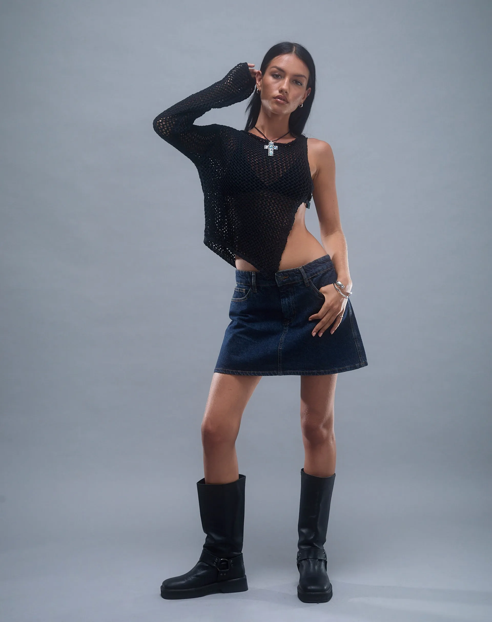 Nung Open Knit Asymmetric Top in Black